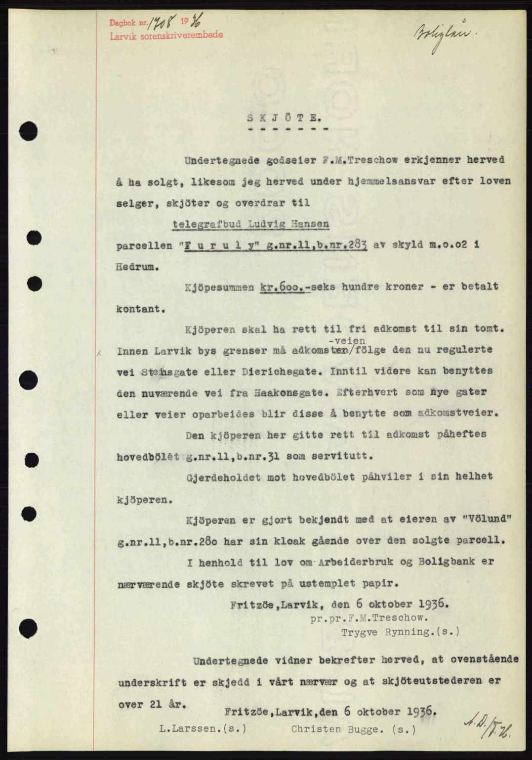 Larvik sorenskriveri, SAKO/A-83/G/Ga/Gab/L0067: Mortgage book no. A-1, 1936-1937, Diary no: : 1708/1936