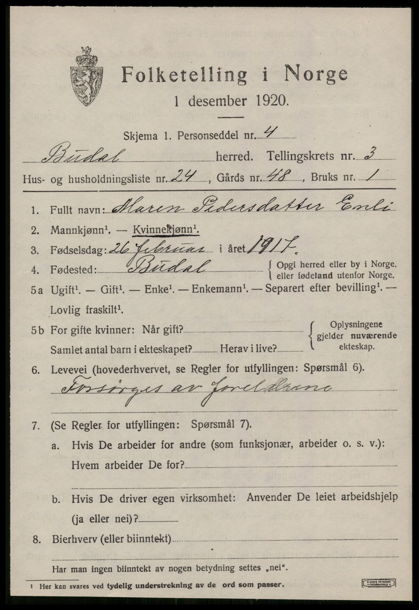 SAT, 1920 census for Budal, 1920, p. 1064