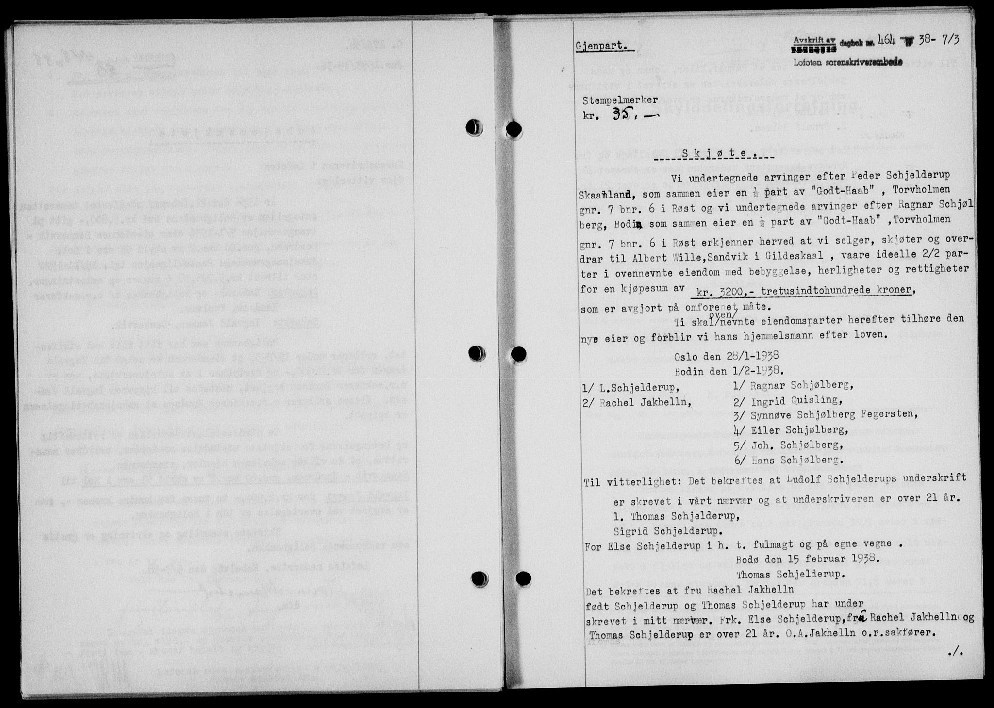 Lofoten sorenskriveri, SAT/A-0017/1/2/2C/L0003a: Mortgage book no. 3a, 1937-1938, Diary no: : 464/1938