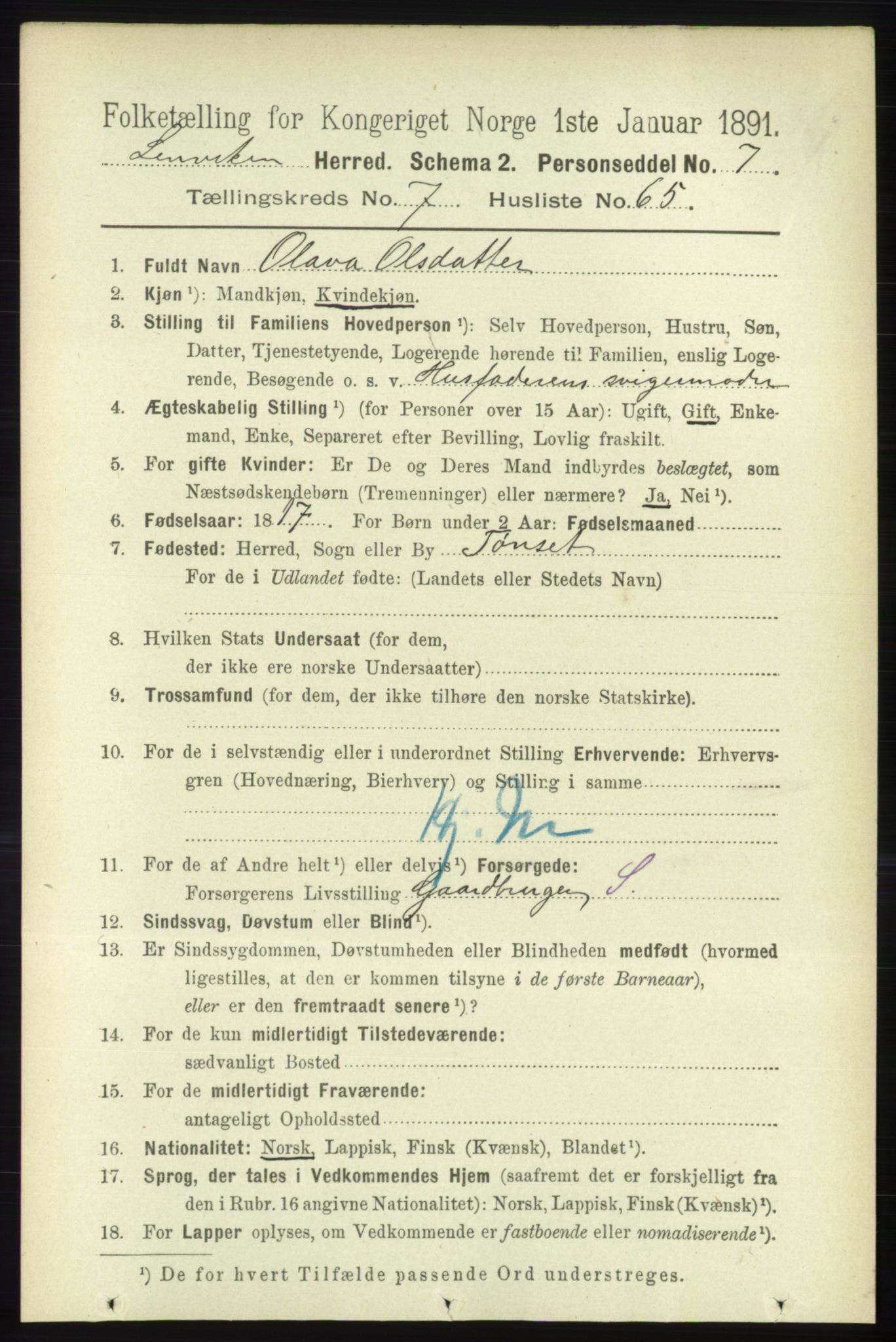 RA, 1891 census for 1931 Lenvik, 1891, p. 4182