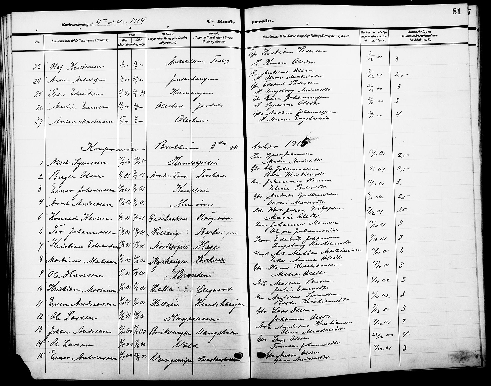 Ringsaker prestekontor, SAH/PREST-014/L/La/L0016: Parish register (copy) no. 16, 1905-1920, p. 81