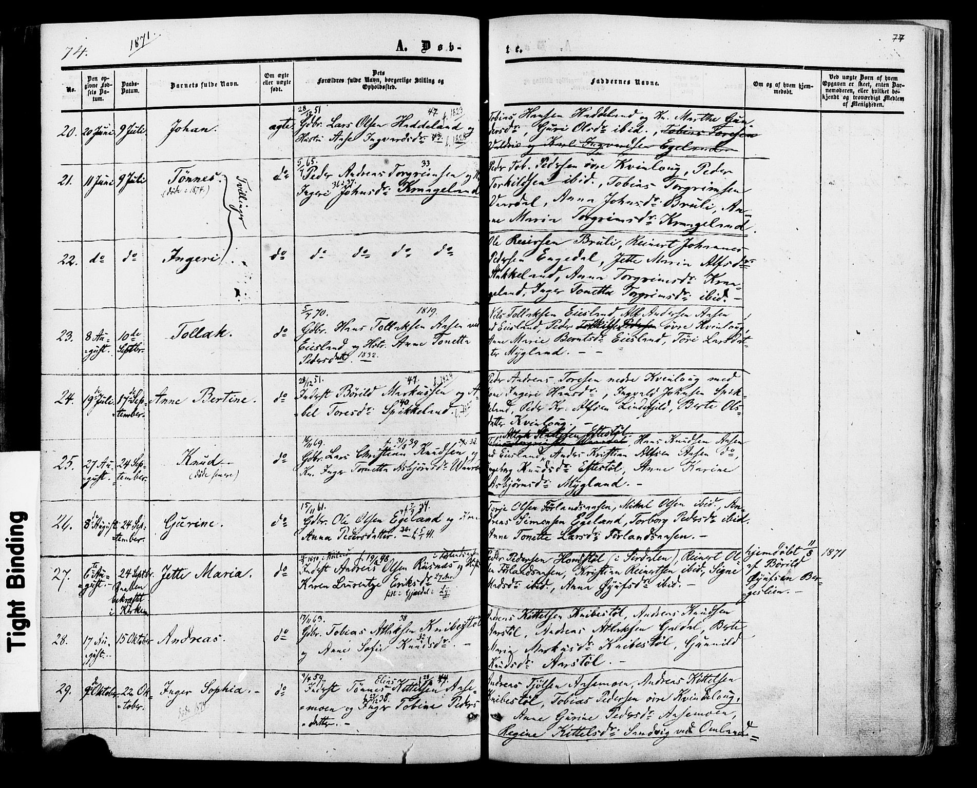 Fjotland sokneprestkontor, SAK/1111-0010/F/Fa/L0001: Parish register (official) no. A 1, 1850-1879, p. 77