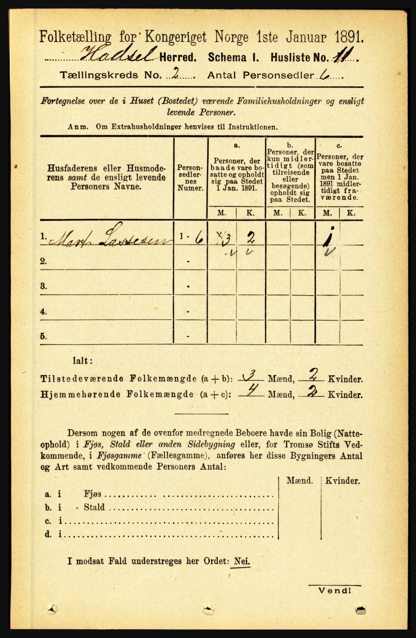 RA, 1891 census for 1866 Hadsel, 1891, p. 605