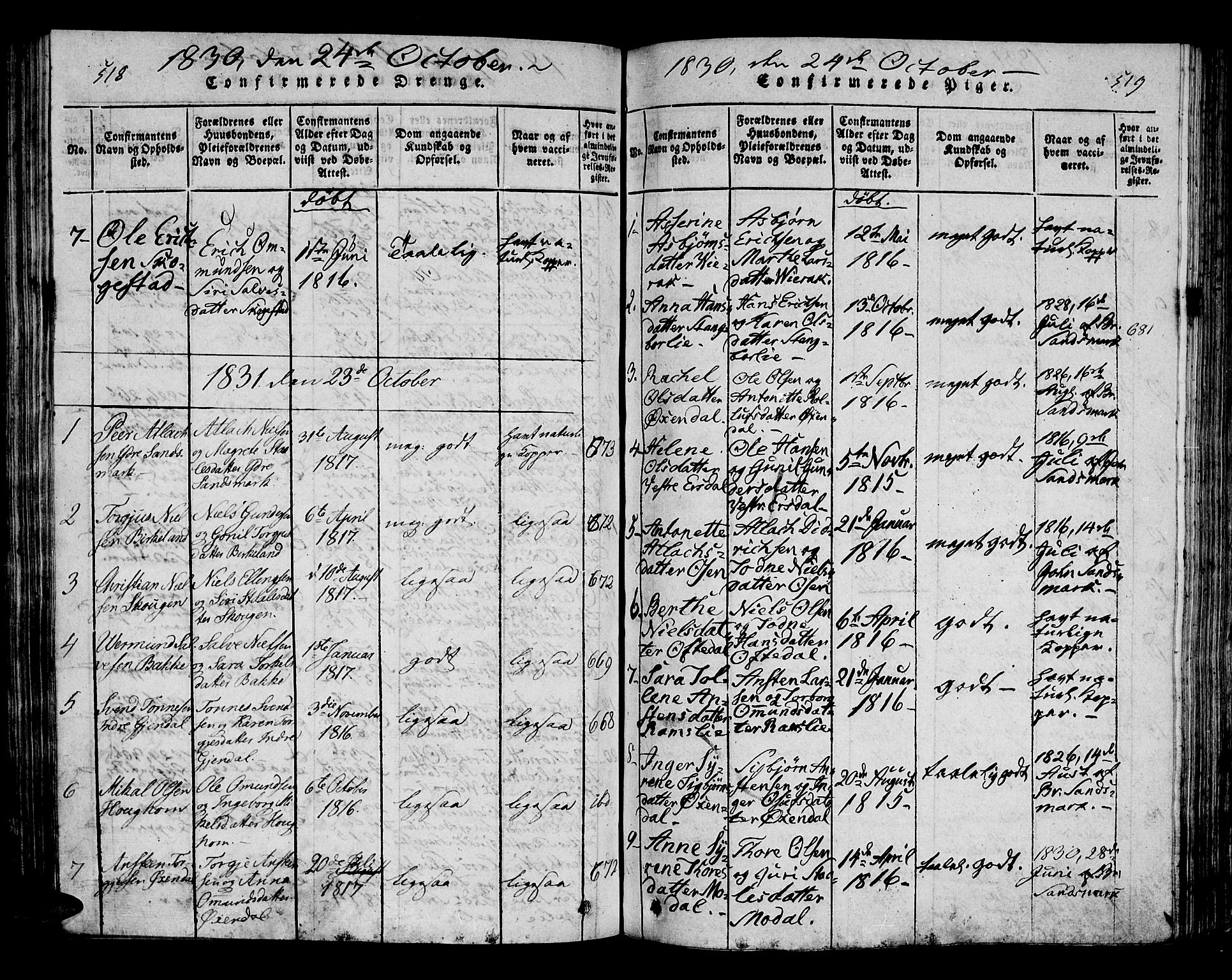 Bakke sokneprestkontor, SAK/1111-0002/F/Fa/Faa/L0003: Parish register (official) no. A 3, 1815-1835, p. 518-519