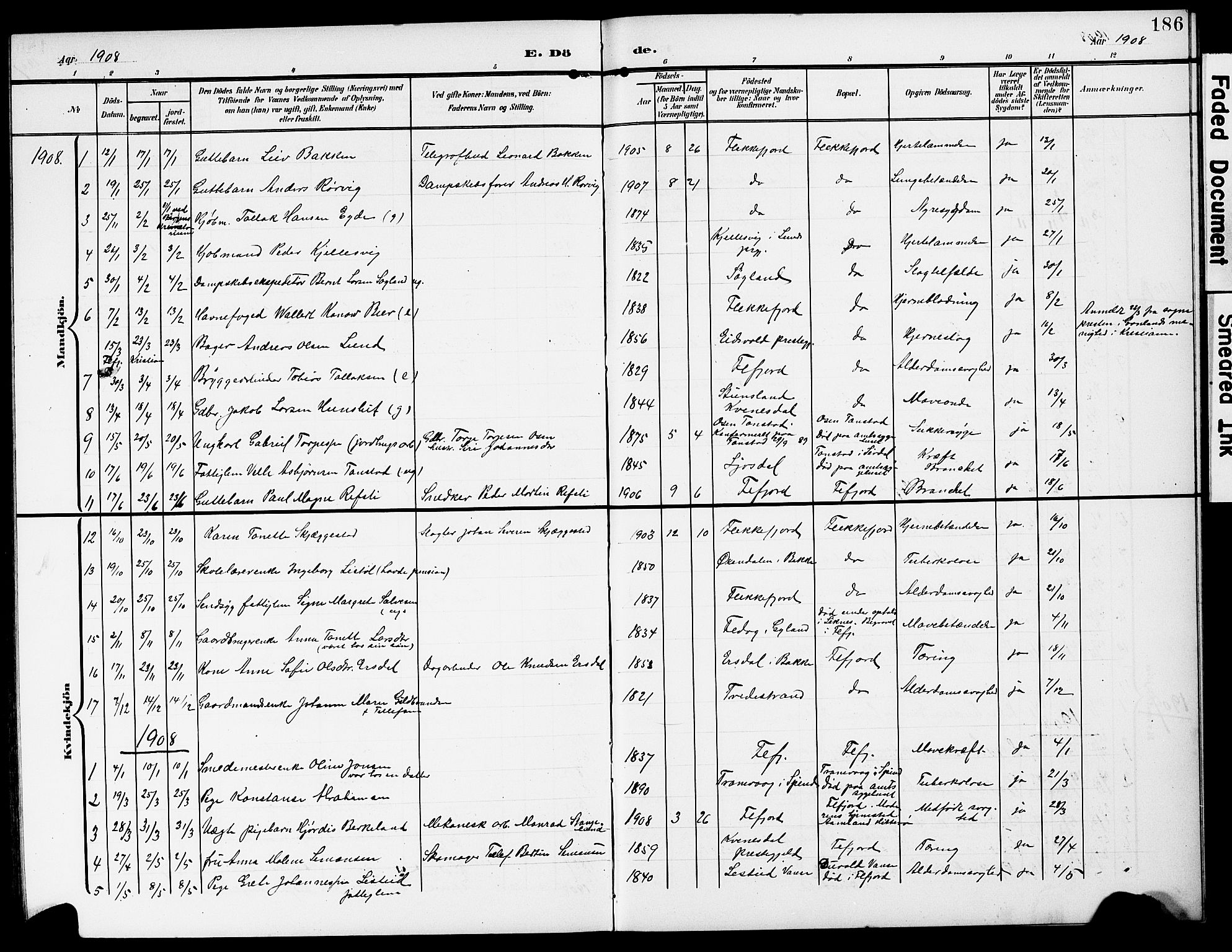 Flekkefjord sokneprestkontor, SAK/1111-0012/F/Fb/Fba/L0001: Parish register (copy) no. B 1, 1903-1931, p. 186