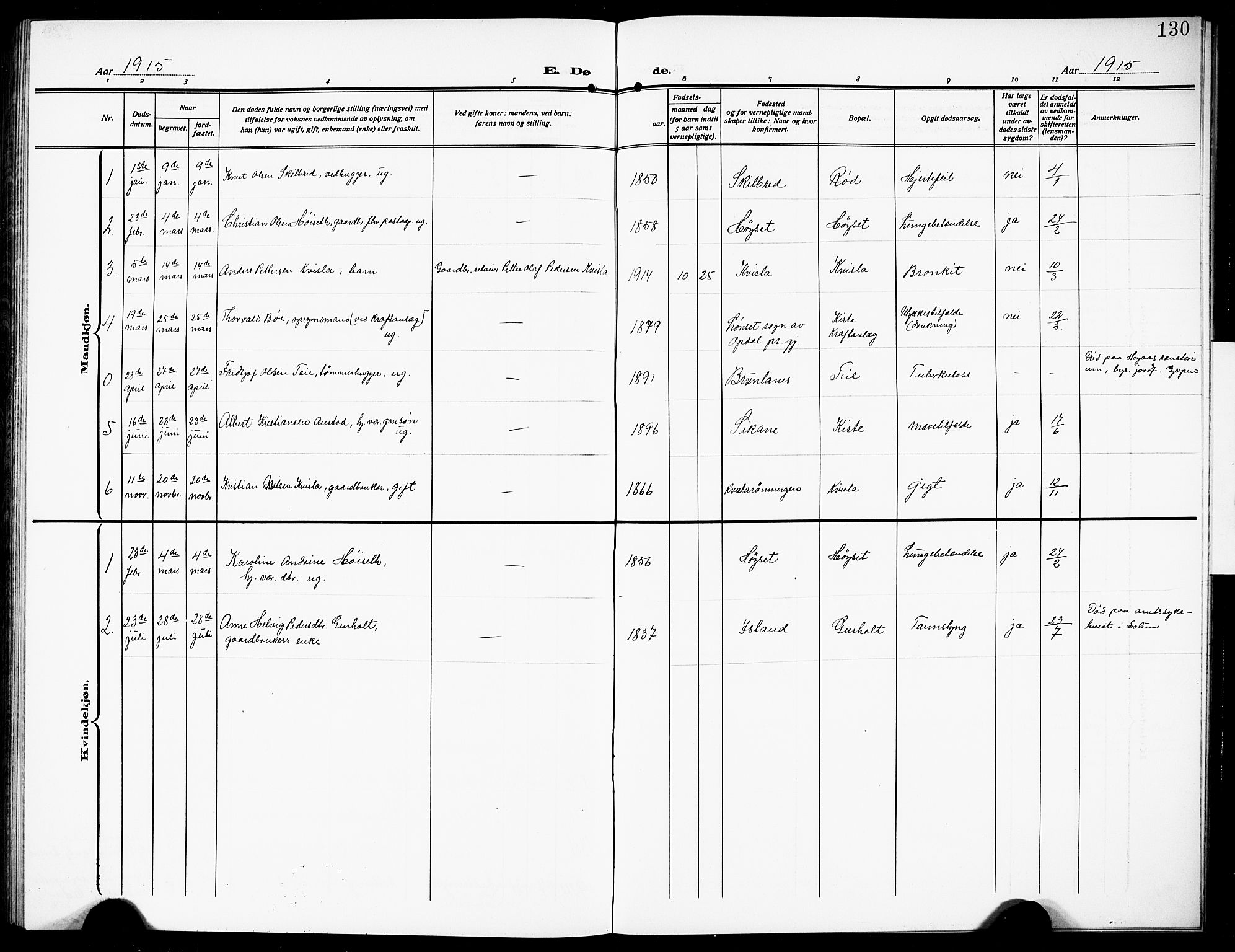 Siljan kirkebøker, SAKO/A-300/G/Ga/L0003: Parish register (copy) no. 3, 1909-1927, p. 130