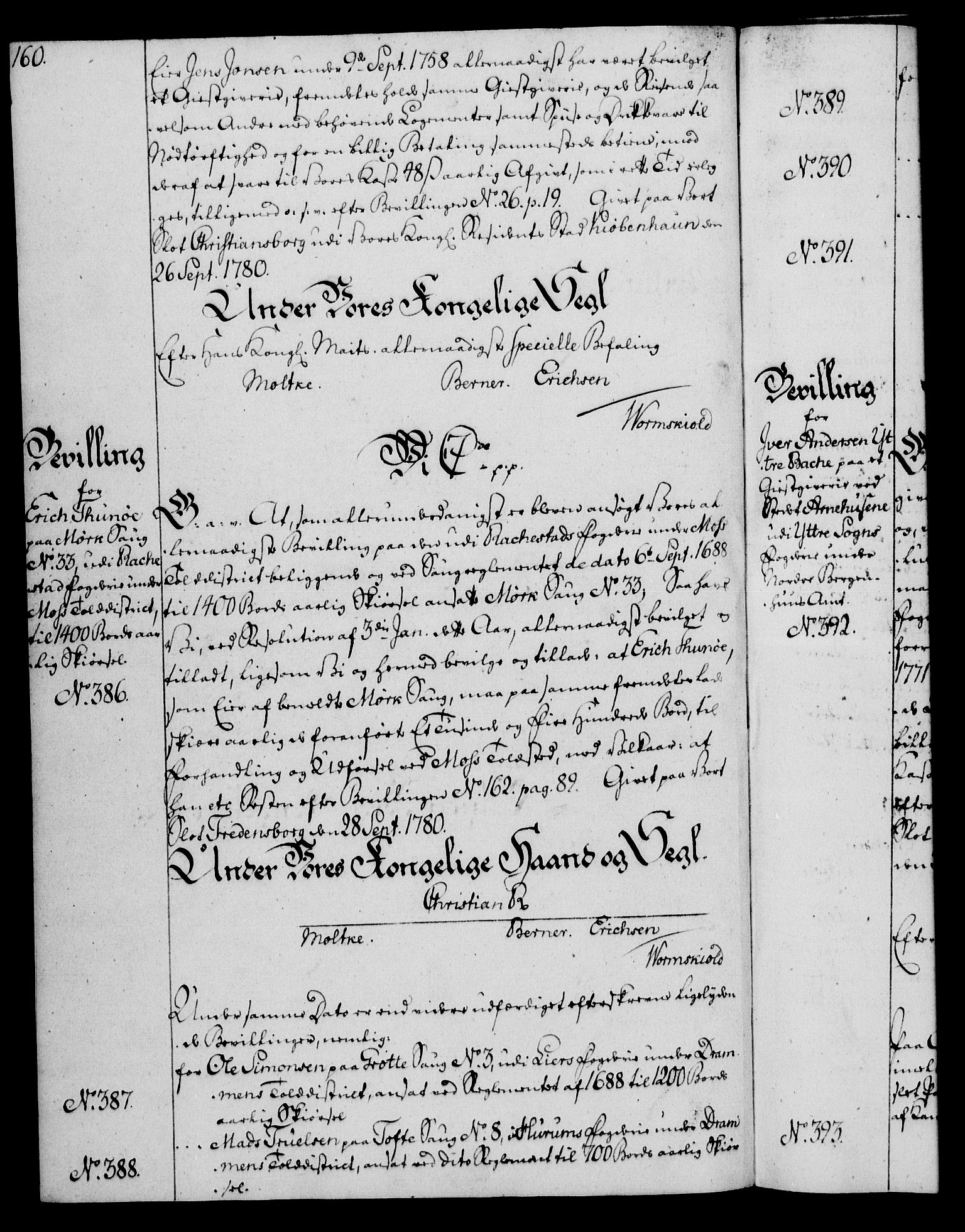 Rentekammeret, Kammerkanselliet, AV/RA-EA-3111/G/Gg/Gga/L0011: Norsk ekspedisjonsprotokoll med register (merket RK 53.11), 1779-1781, p. 160