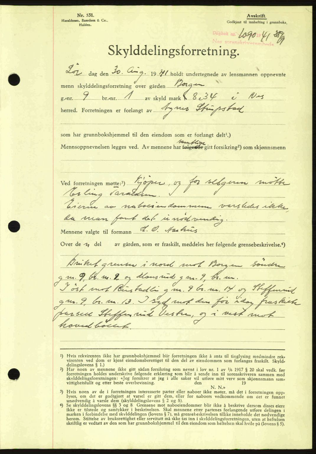 Nes tingrett, AV/SAO-A-10548/G/Gb/Gbb/L0012: Mortgage book no. 56, 1941-1942, Diary no: : 1090/1941