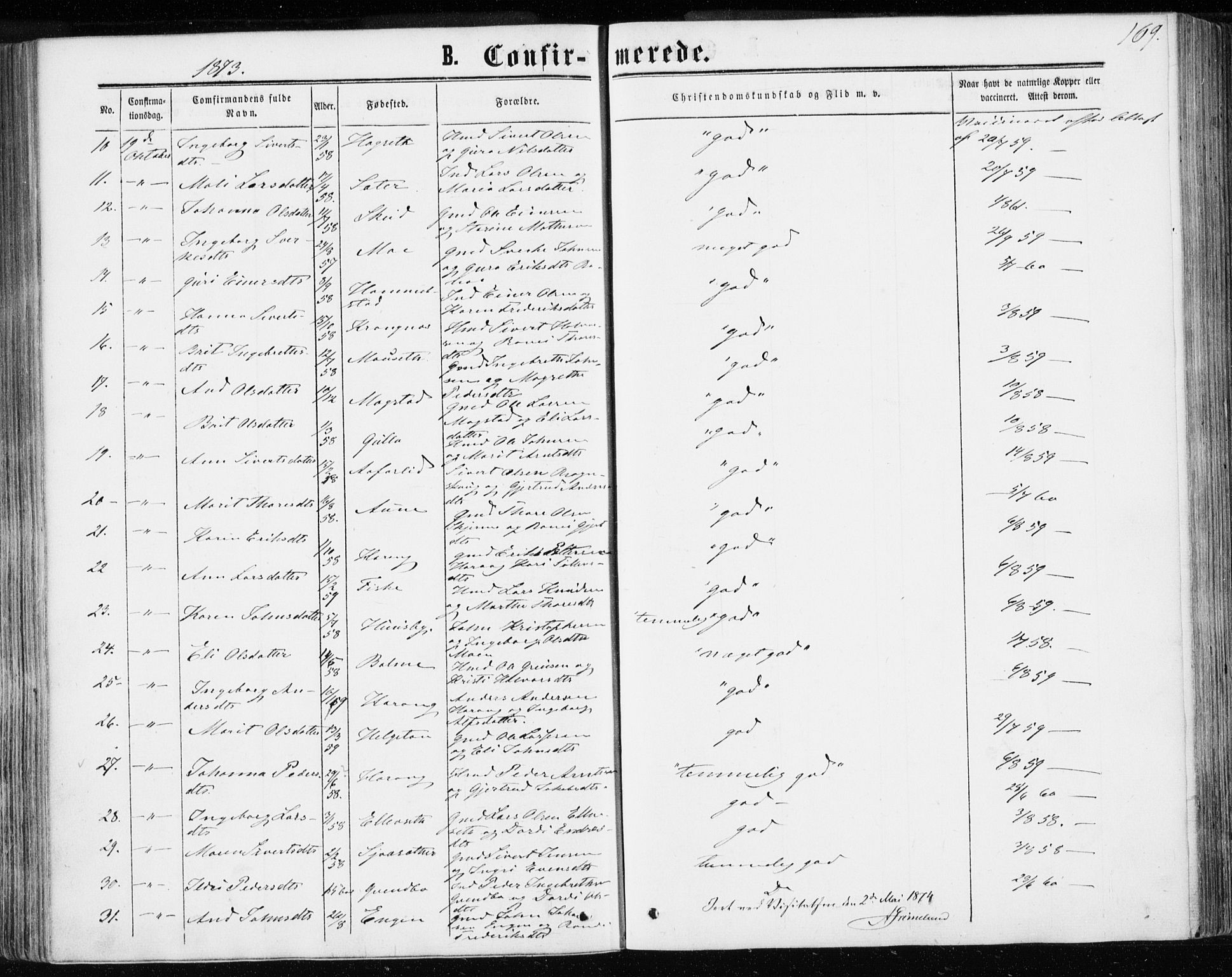 Ministerialprotokoller, klokkerbøker og fødselsregistre - Møre og Romsdal, AV/SAT-A-1454/595/L1045: Parish register (official) no. 595A07, 1863-1873, p. 169