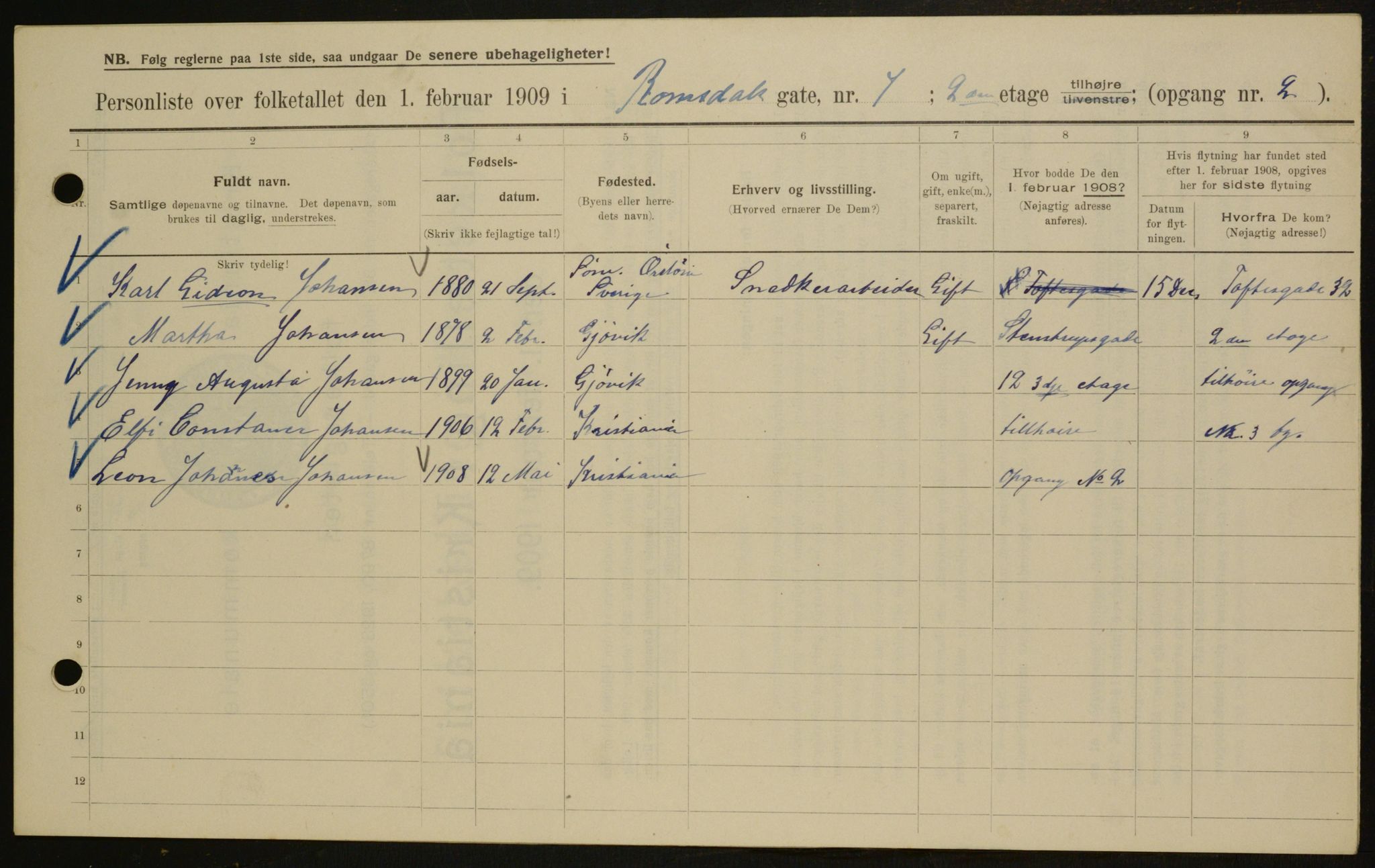 OBA, Municipal Census 1909 for Kristiania, 1909, p. 75489