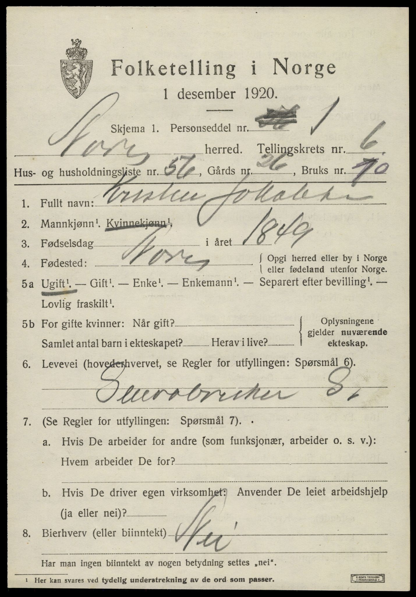 SAT, 1920 census for Nærøy, 1920, p. 3953