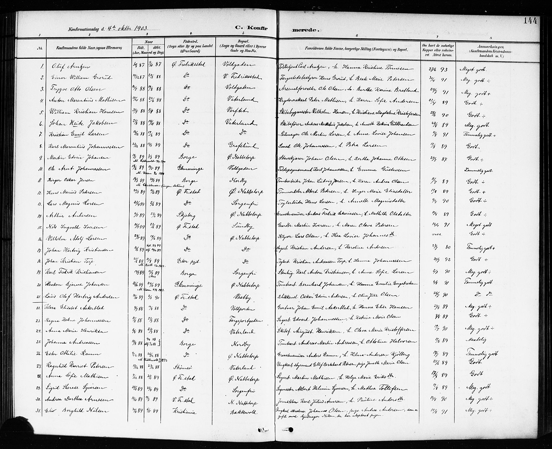 Østre Fredrikstad prestekontor Kirkebøker, SAO/A-10907/G/Ga/L0002: Parish register (copy) no. 2, 1900-1919, p. 144