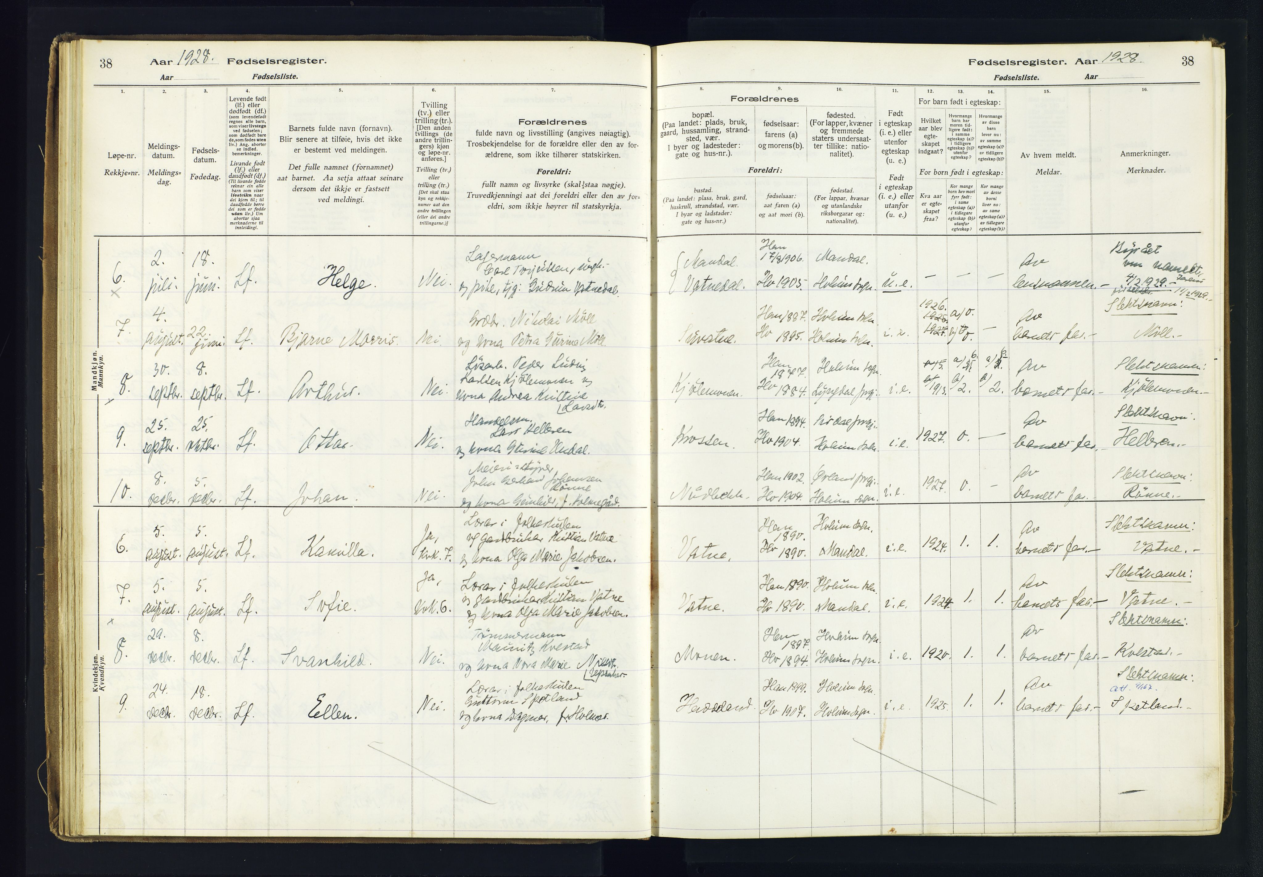 Holum sokneprestkontor, AV/SAK-1111-0022/J/Ja/L0003: Birth register no. II.6.12, 1916-1982, p. 38