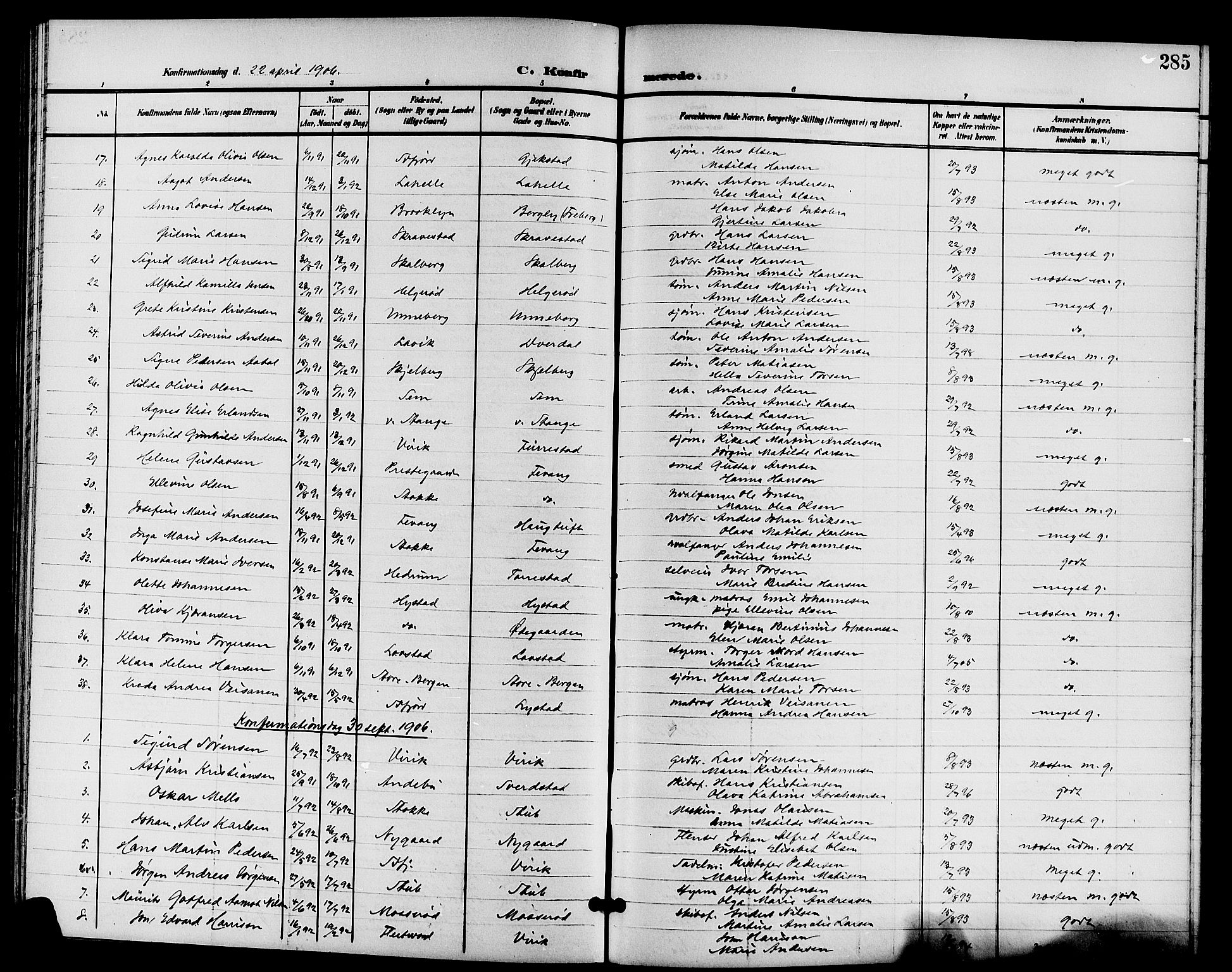 Sandar kirkebøker, SAKO/A-243/G/Ga/L0002: Parish register (copy) no. 2, 1900-1915, p. 285