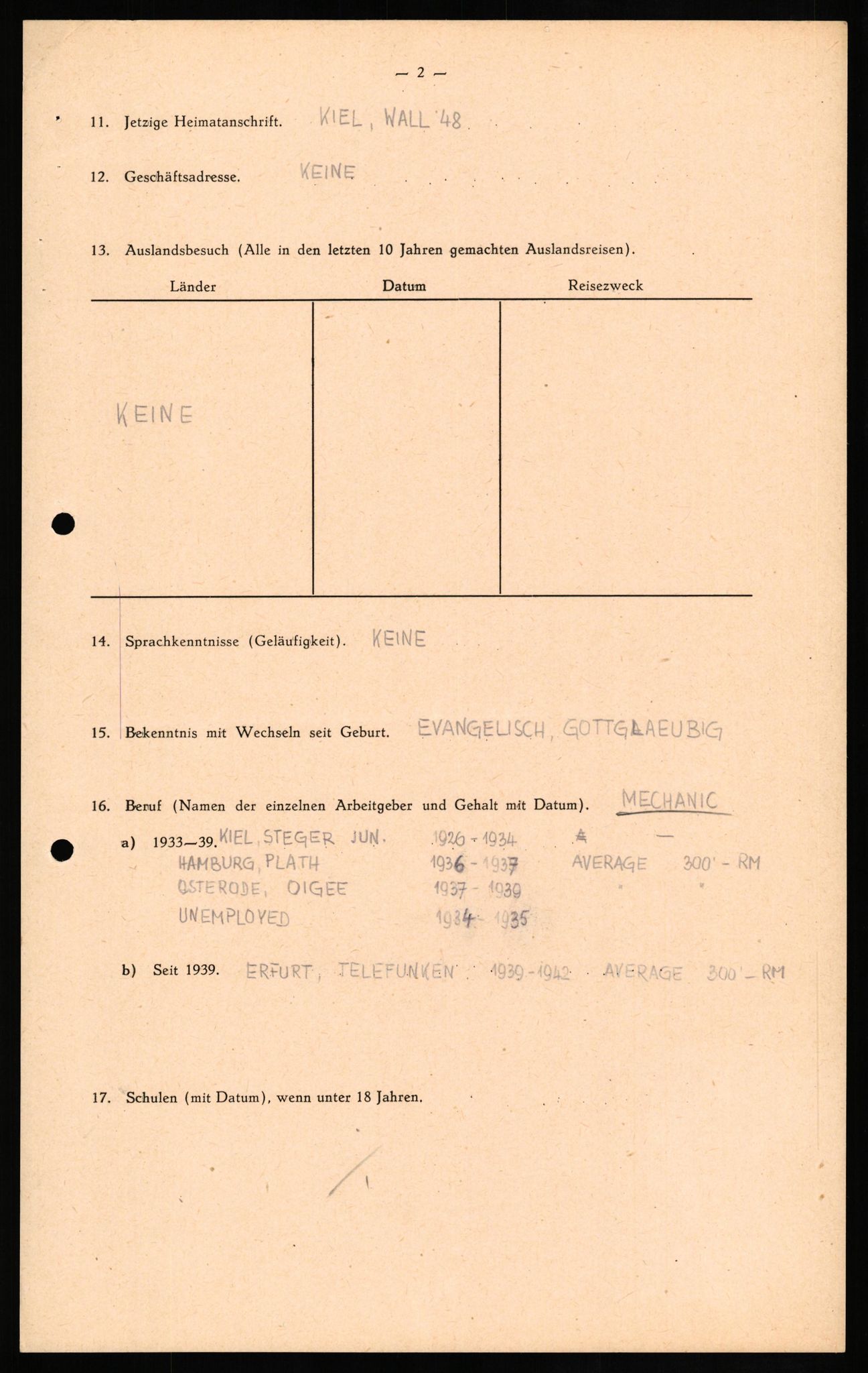 Forsvaret, Forsvarets overkommando II, AV/RA-RAFA-3915/D/Db/L0018: CI Questionaires. Tyske okkupasjonsstyrker i Norge. Tyskere., 1945-1946, p. 43