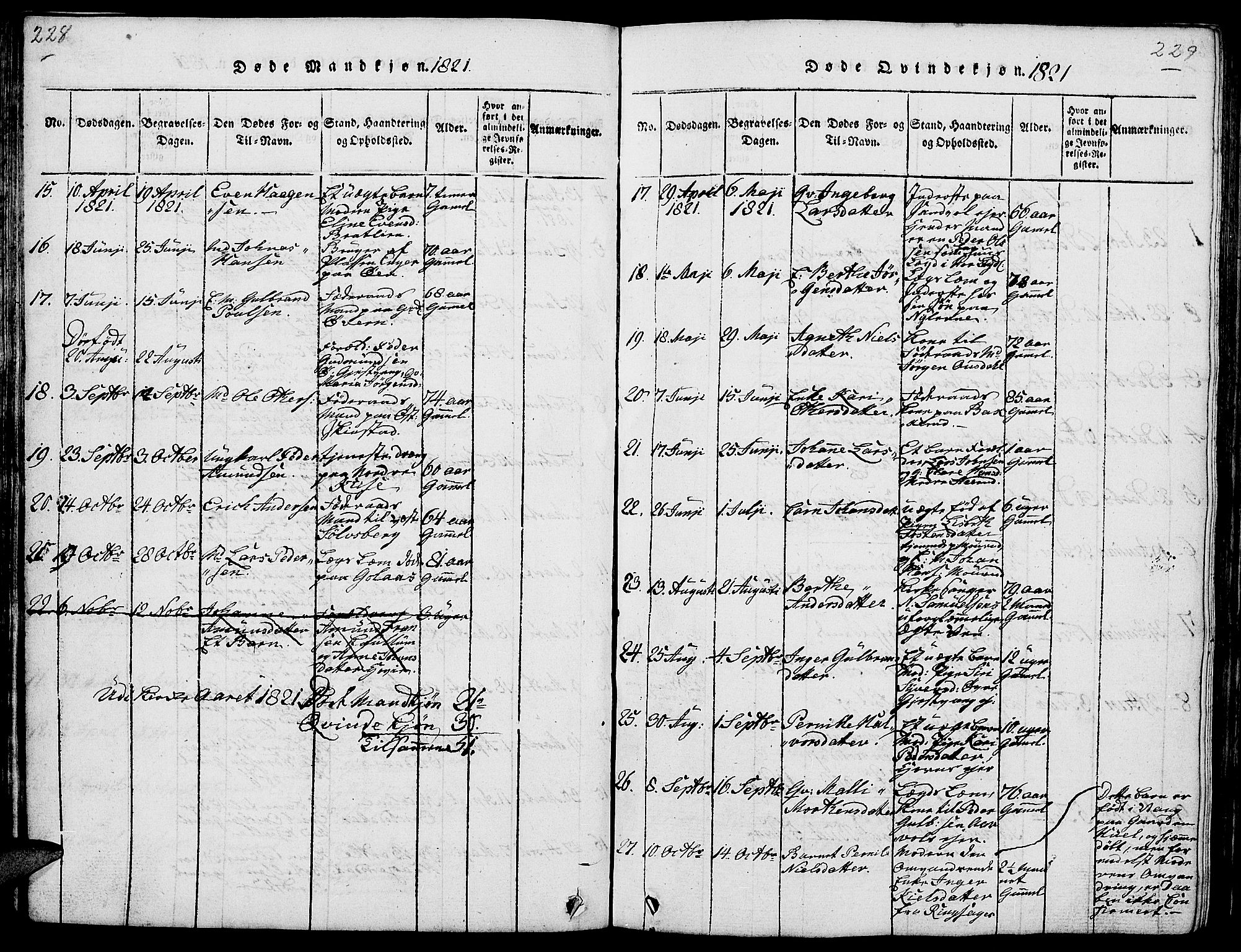 Nes prestekontor, Hedmark, AV/SAH-PREST-020/L/La/L0003: Parish register (copy) no. 3, 1814-1831, p. 228-229