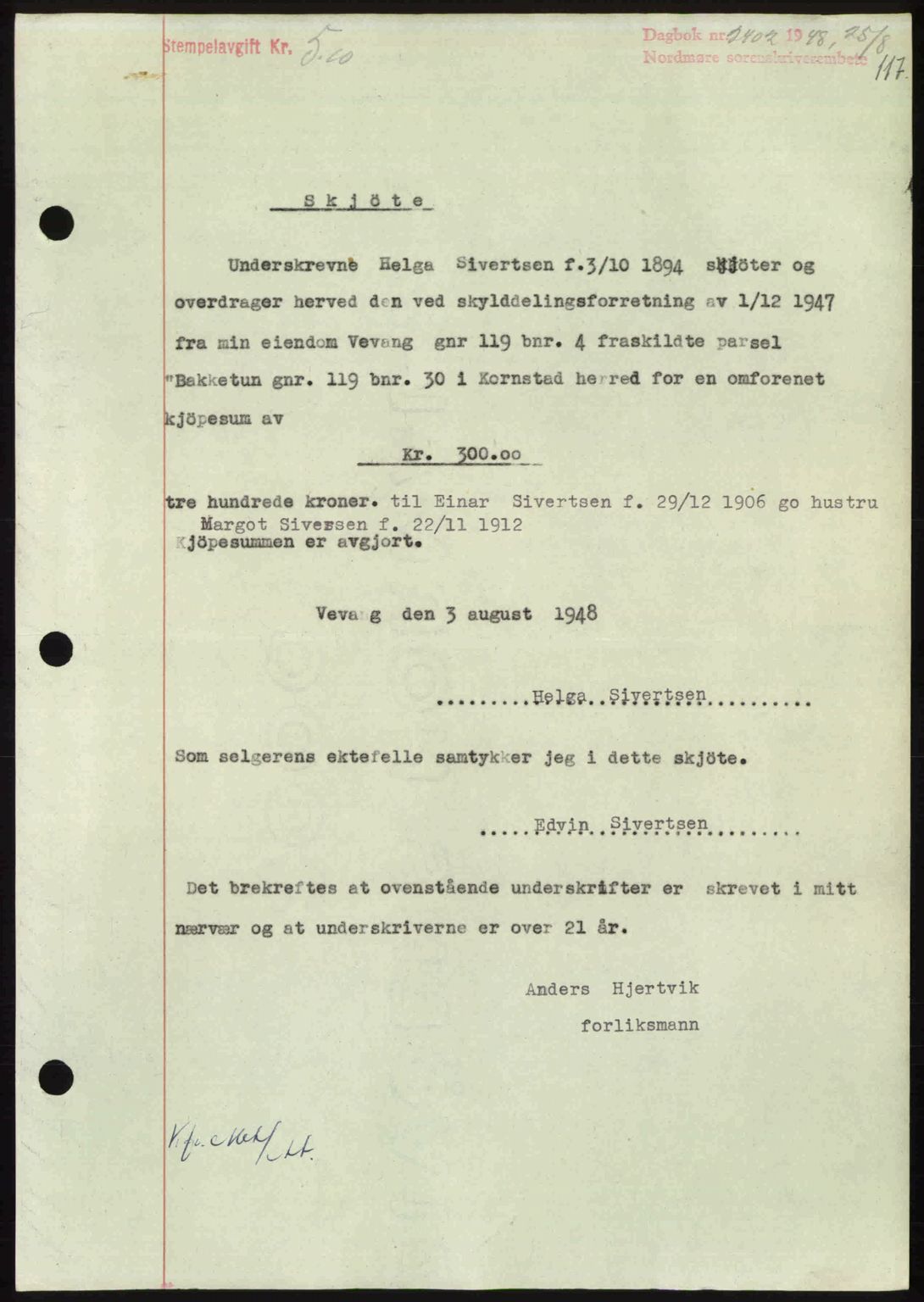 Nordmøre sorenskriveri, AV/SAT-A-4132/1/2/2Ca: Mortgage book no. A109, 1948-1948, Diary no: : 2402/1948