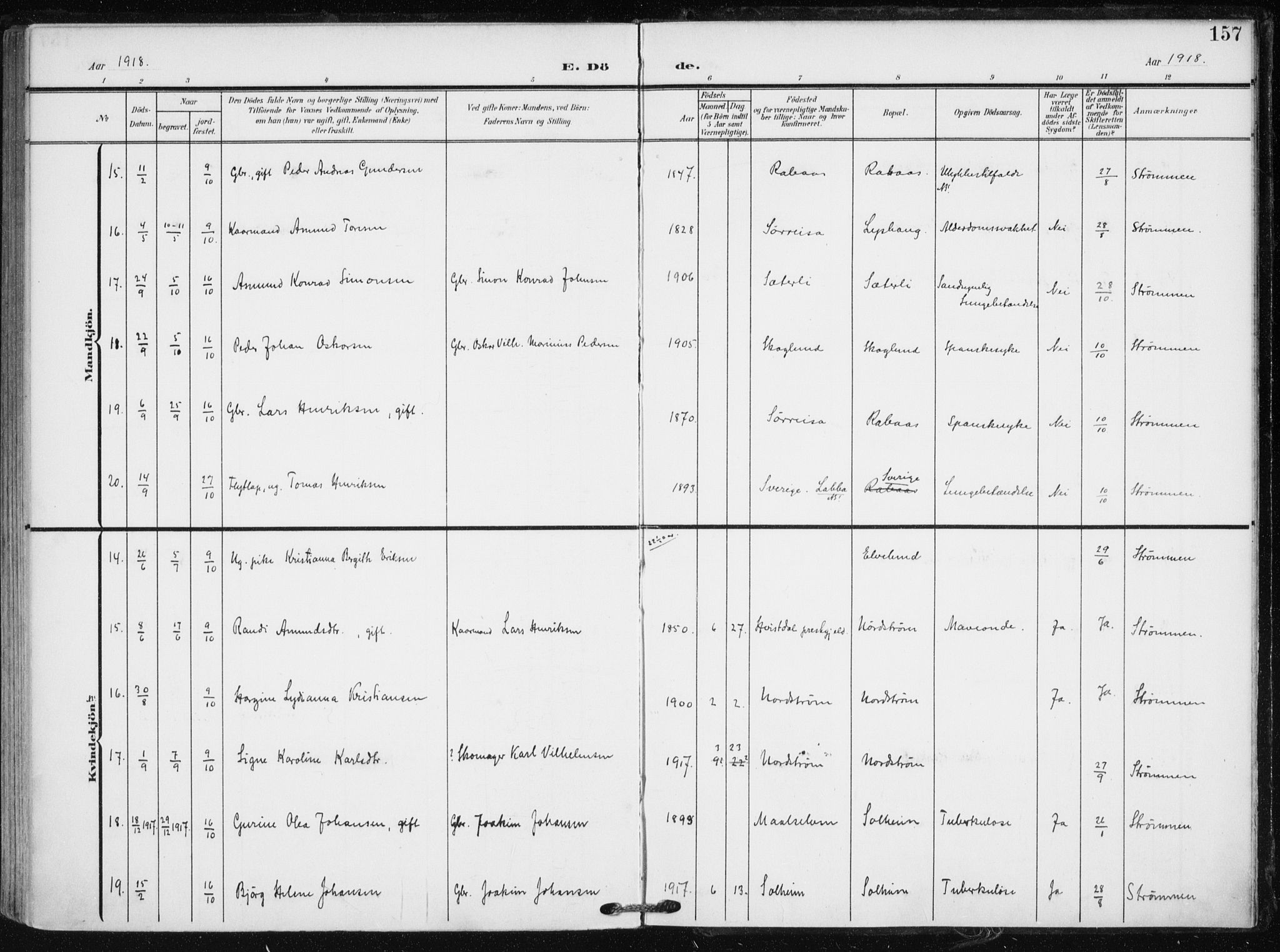 Tranøy sokneprestkontor, AV/SATØ-S-1313/I/Ia/Iaa/L0012kirke: Parish register (official) no. 12, 1905-1918, p. 157