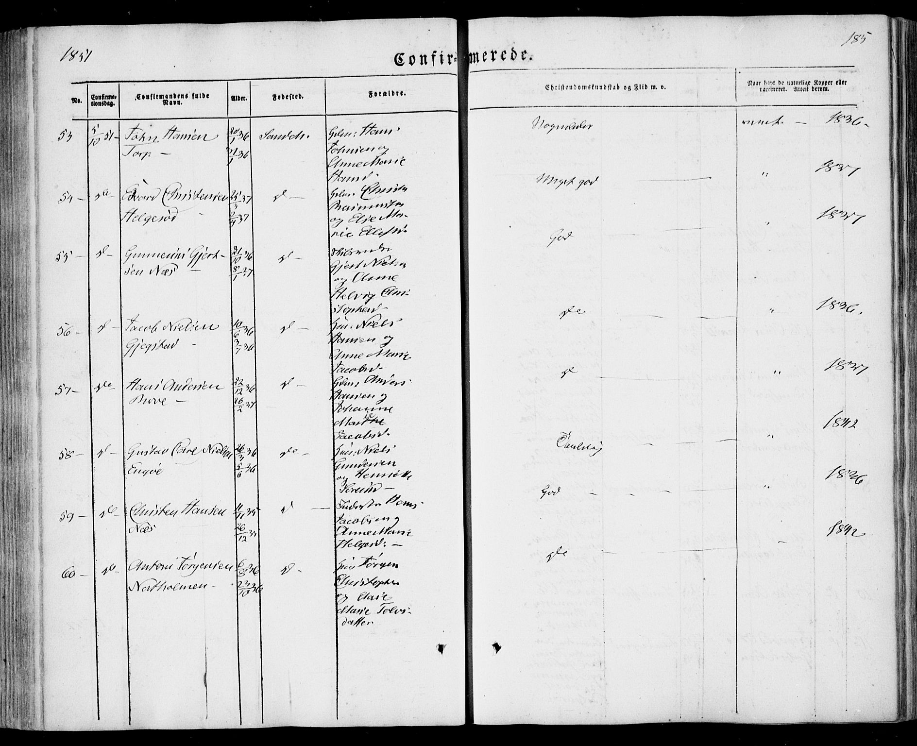 Sandar kirkebøker, AV/SAKO-A-243/F/Fa/L0006: Parish register (official) no. 6, 1847-1860, p. 185