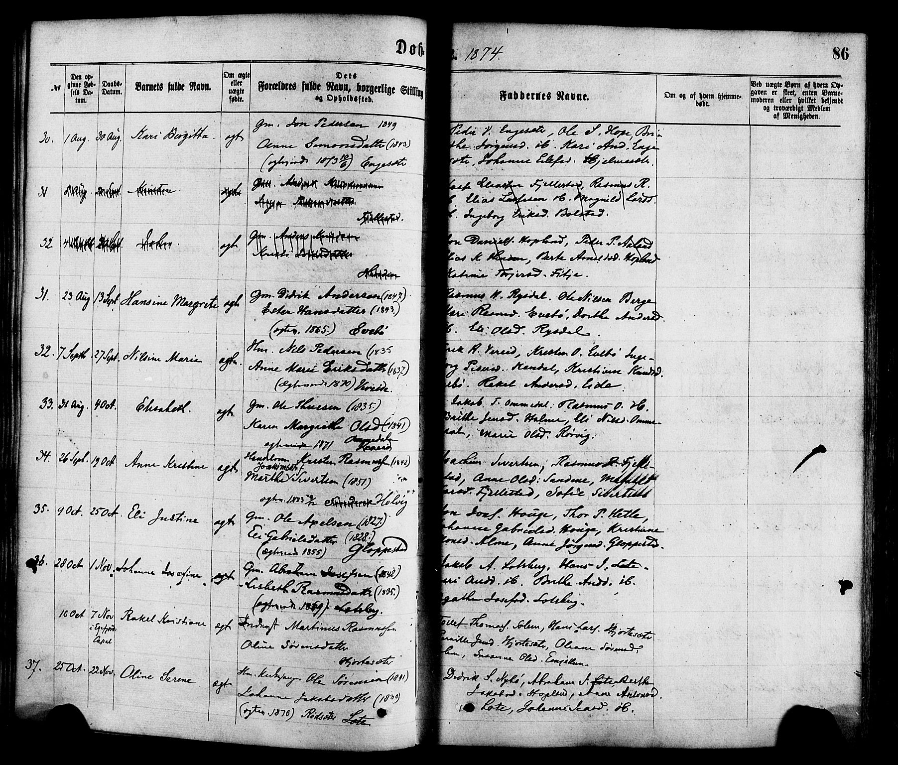 Gloppen sokneprestembete, AV/SAB-A-80101/H/Haa/Haaa/L0010: Parish register (official) no. A 10, 1871-1884, p. 86