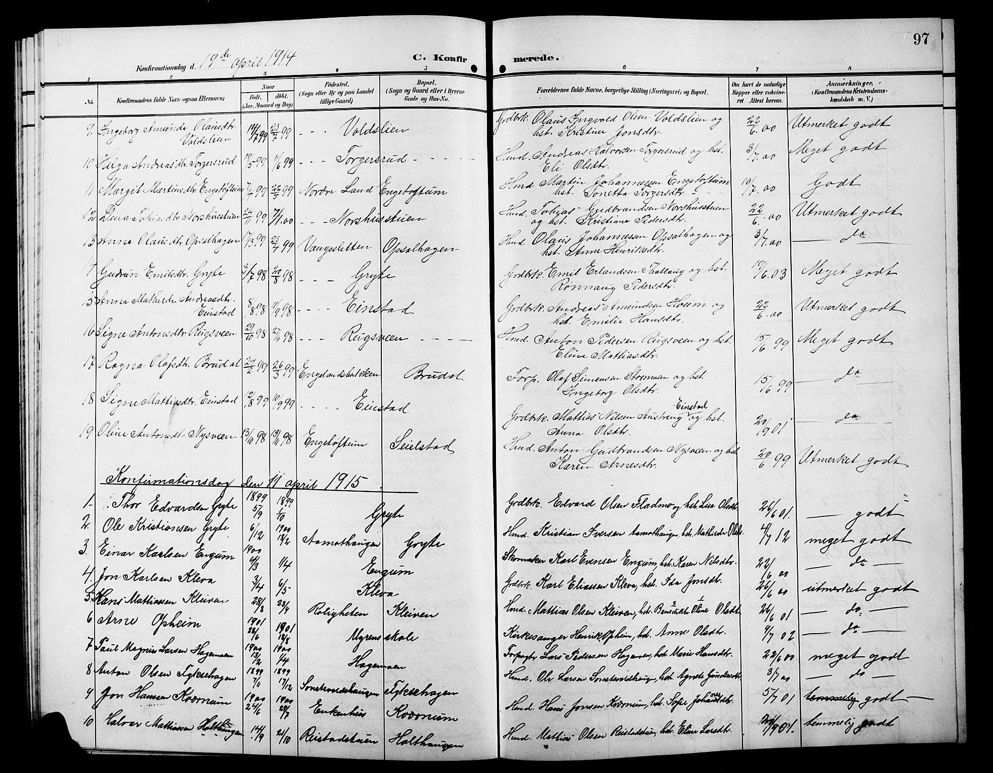 Østre Gausdal prestekontor, AV/SAH-PREST-092/H/Ha/Hab/L0004: Parish register (copy) no. 4, 1905-1923, p. 97