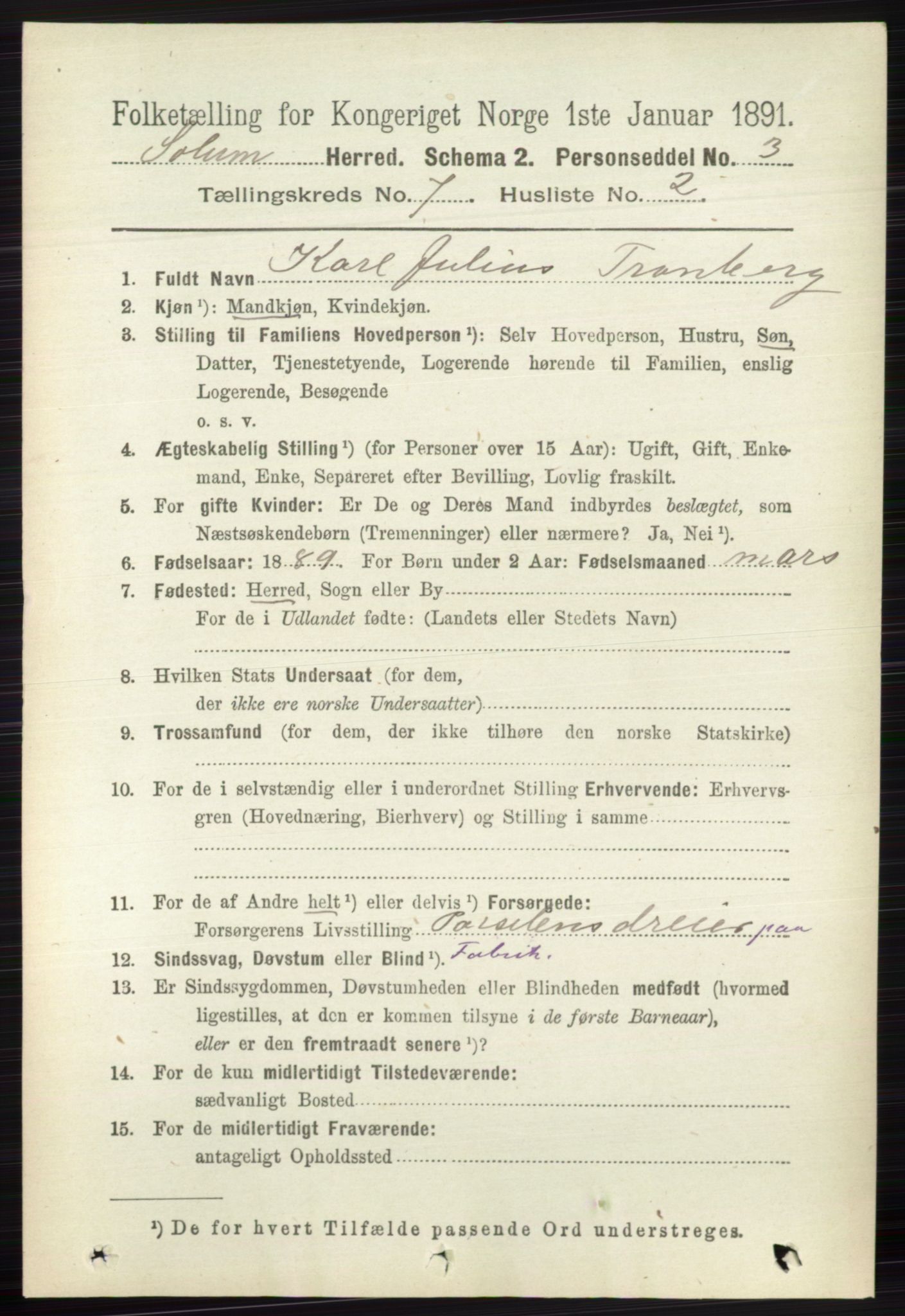 RA, 1891 census for 0818 Solum, 1891, p. 2719