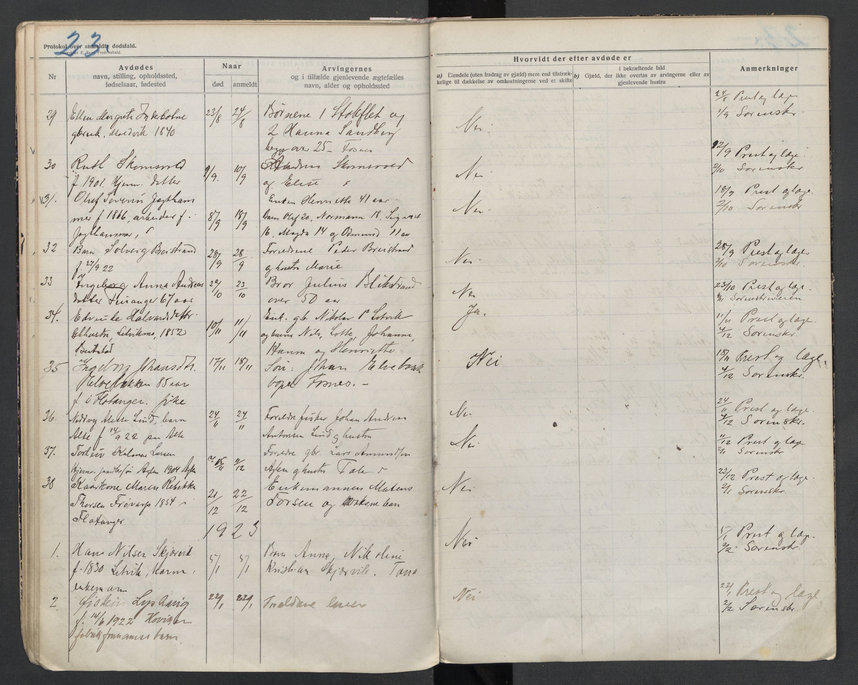 Fosnes lensmannskontor , AV/SAT-A-1022/1/02/L0003: 2.01.03 Dødsfallsprotokoll for Fosnes lensmannsdistrikt, 1916-1930, p. 23
