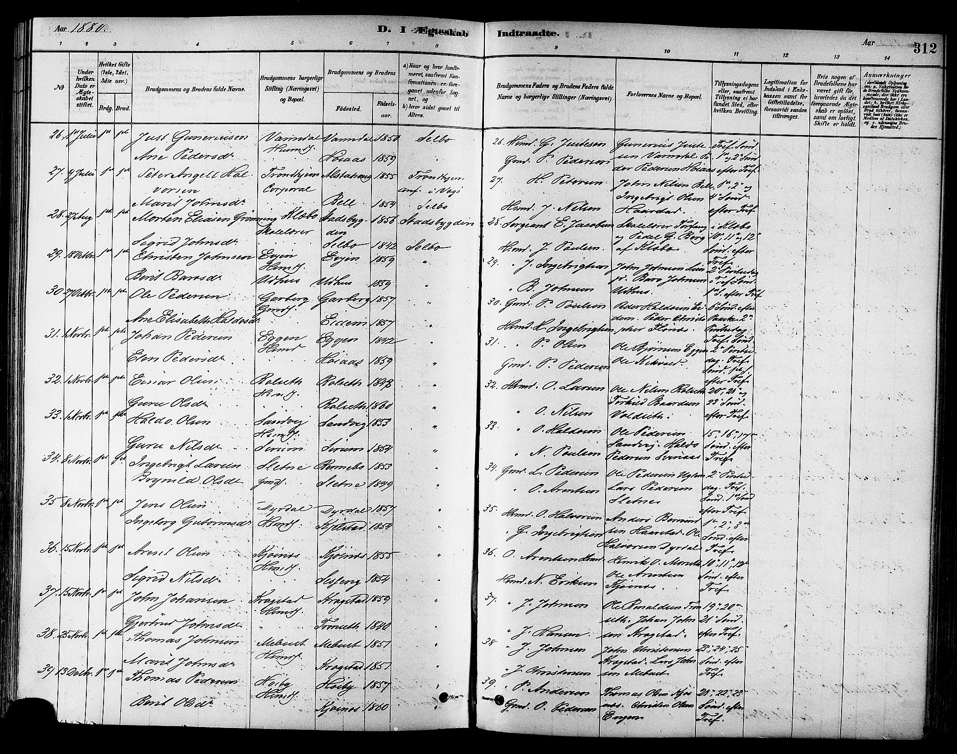 Ministerialprotokoller, klokkerbøker og fødselsregistre - Sør-Trøndelag, SAT/A-1456/695/L1148: Parish register (official) no. 695A08, 1878-1891, p. 312
