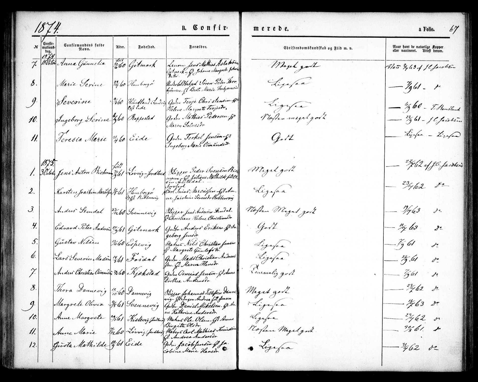 Hommedal sokneprestkontor, SAK/1111-0023/F/Fa/Faa/L0002: Parish register (official) no. A 2, 1861-1884, p. 67