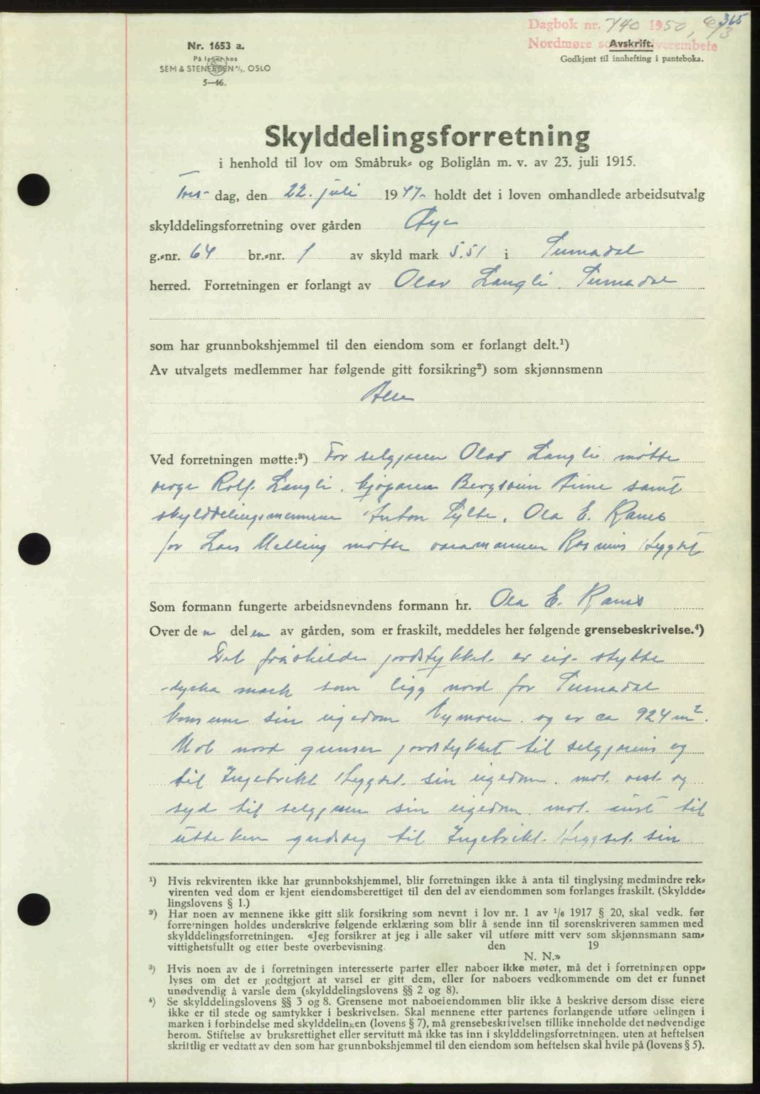 Nordmøre sorenskriveri, AV/SAT-A-4132/1/2/2Ca: Mortgage book no. A114, 1950-1950, Diary no: : 740/1950