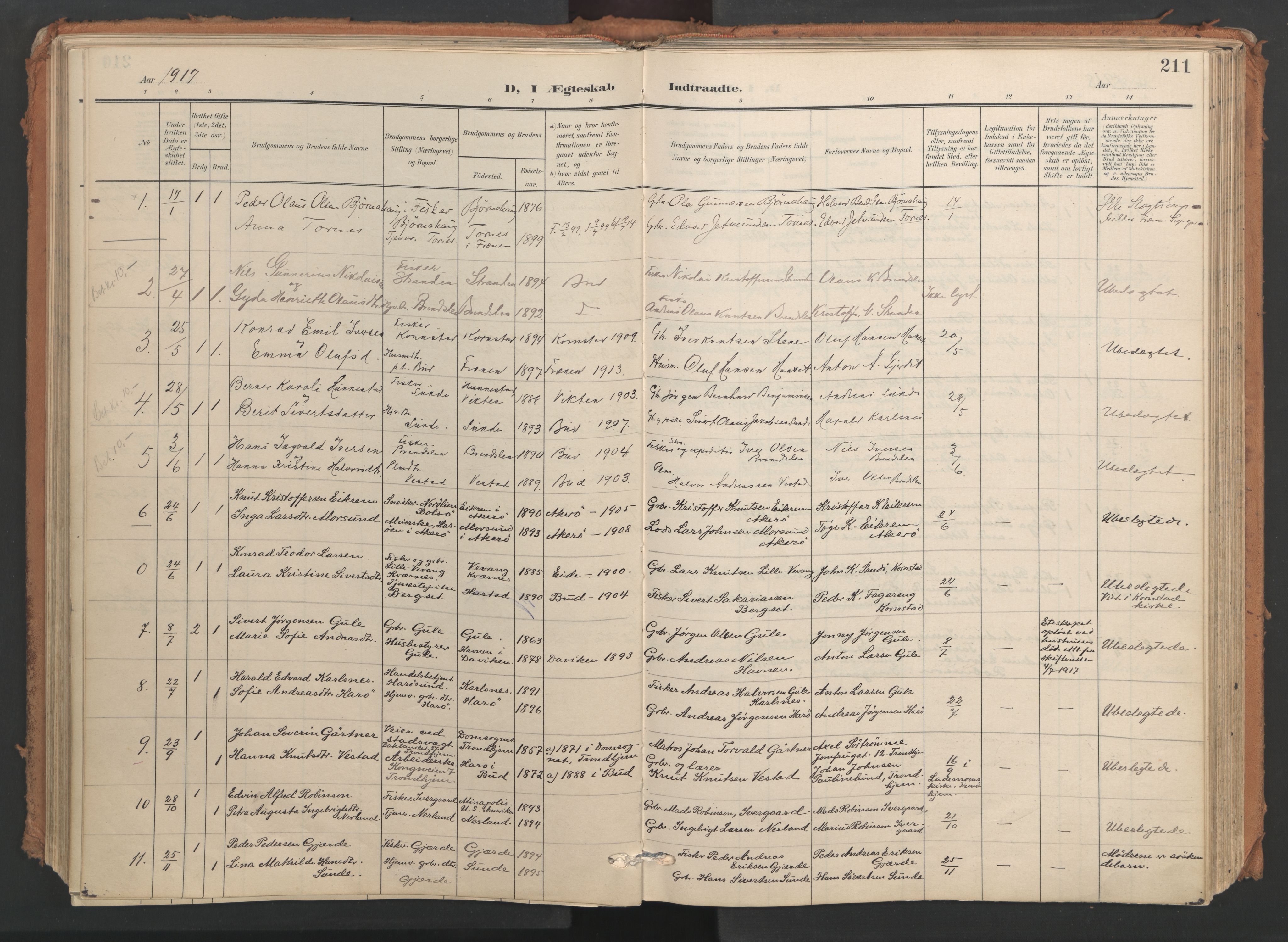 Ministerialprotokoller, klokkerbøker og fødselsregistre - Møre og Romsdal, SAT/A-1454/566/L0771: Parish register (official) no. 566A10, 1904-1929, p. 211