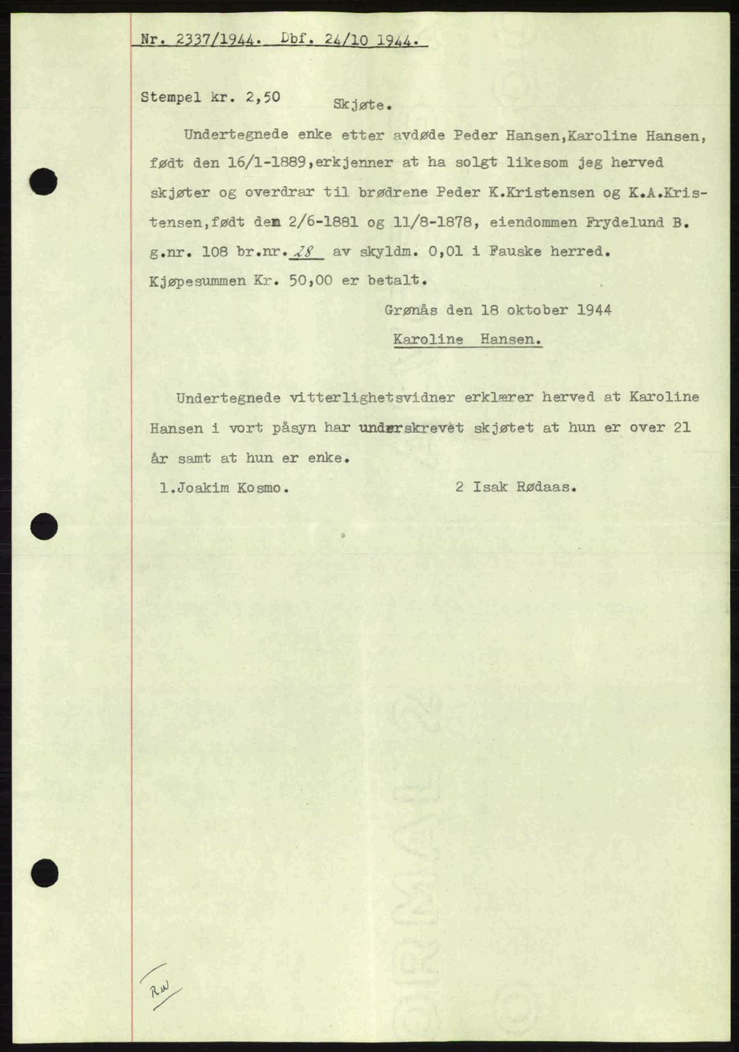 Salten sorenskriveri, AV/SAT-A-4578/1/2/2C: Mortgage book no. A14-15, 1943-1945, Diary no: : 2337/1944