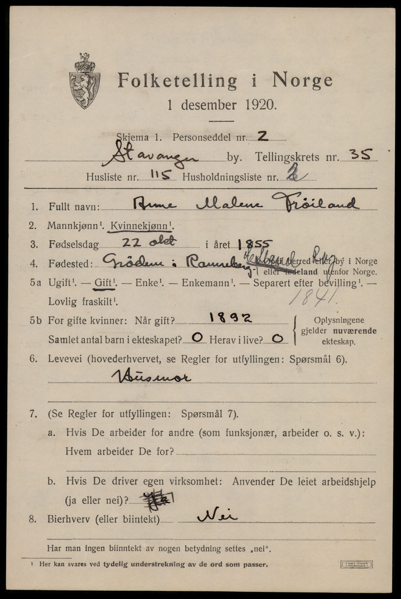 SAST, 1920 census for Stavanger, 1920, p. 95632