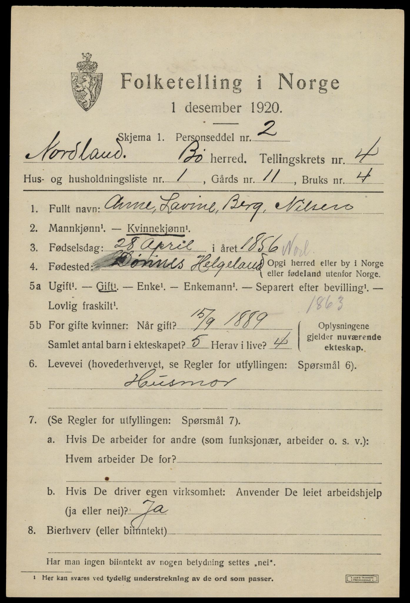 SAT, 1920 census for Bø, 1920, p. 3184