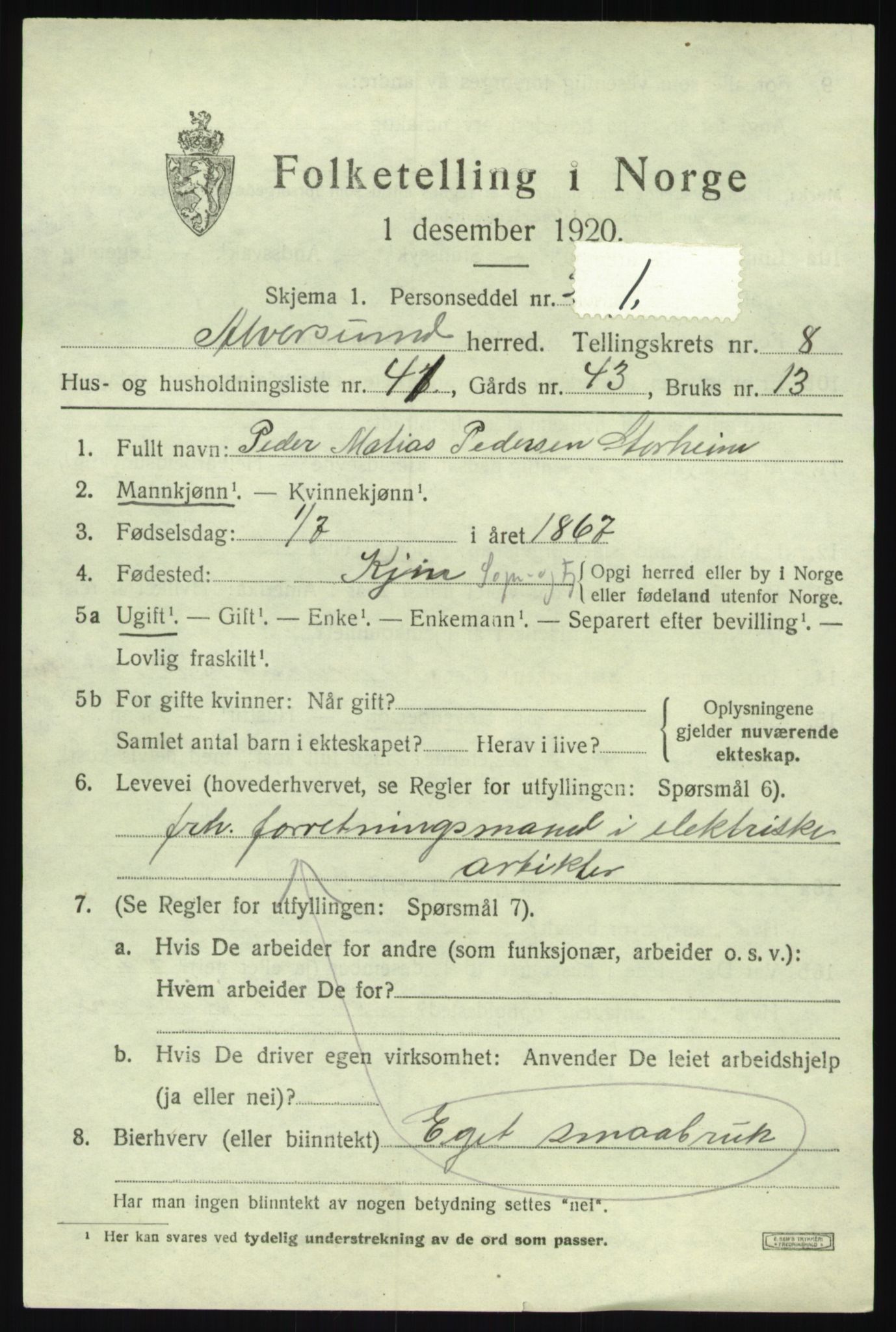 SAB, 1920 census for Alversund, 1920, p. 5298