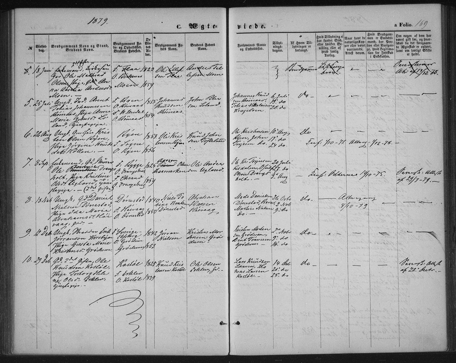 Tveit sokneprestkontor, AV/SAK-1111-0043/F/Fa/L0006: Parish register (official) no. A 6, 1872-1886, p. 169