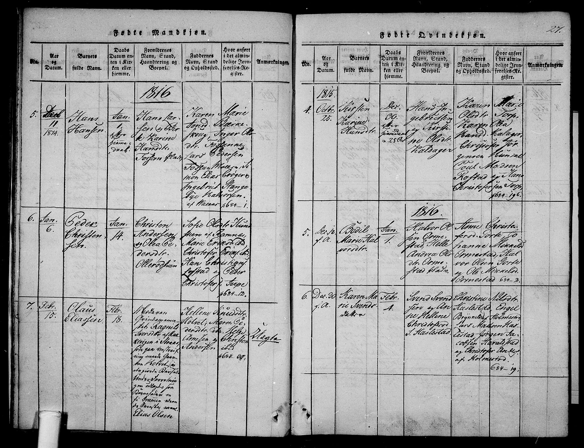 Våle kirkebøker, AV/SAKO-A-334/F/Fa/L0007: Parish register (official) no. I 7, 1814-1824, p. 26-27