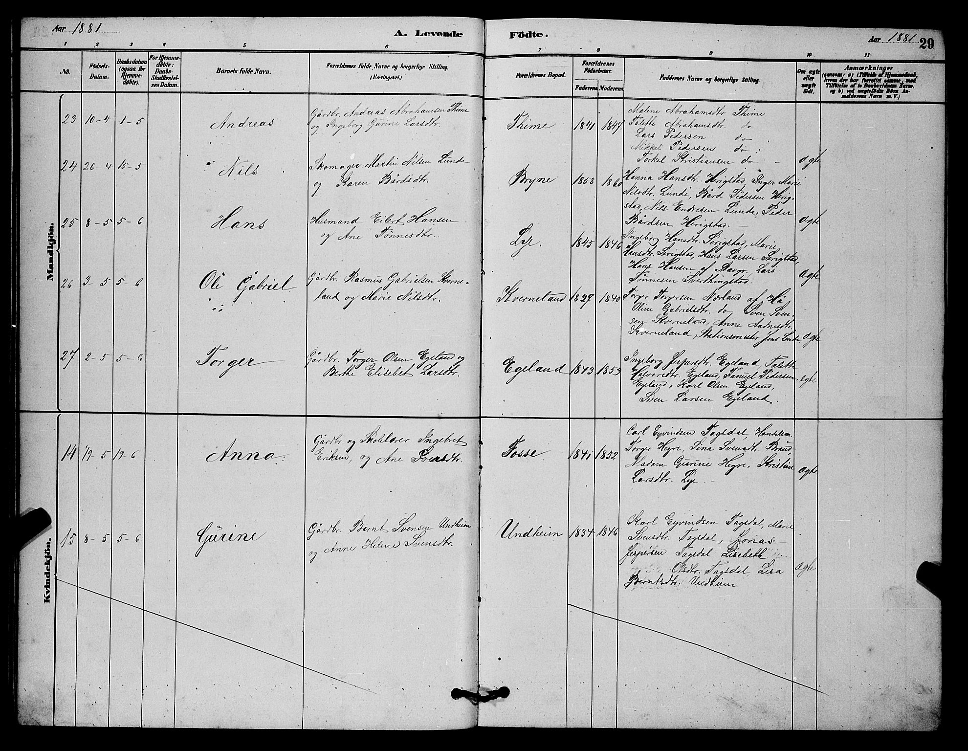 Lye sokneprestkontor, AV/SAST-A-101794/001/30BB/L0006: Parish register (copy) no. B 6, 1879-1888, p. 29