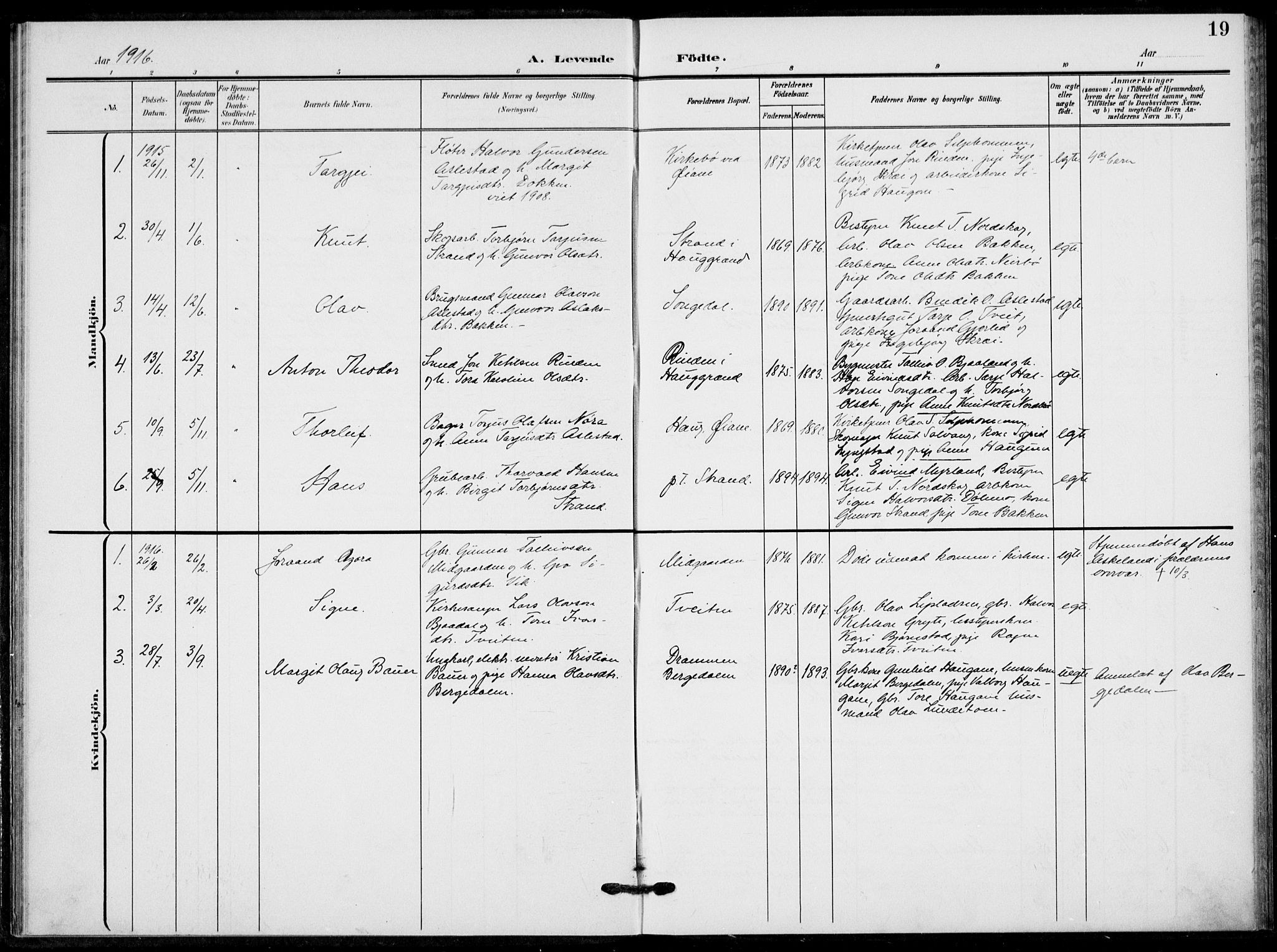 Fyresdal kirkebøker, AV/SAKO-A-263/F/Fb/L0004: Parish register (official) no. II 4, 1903-1920, p. 19