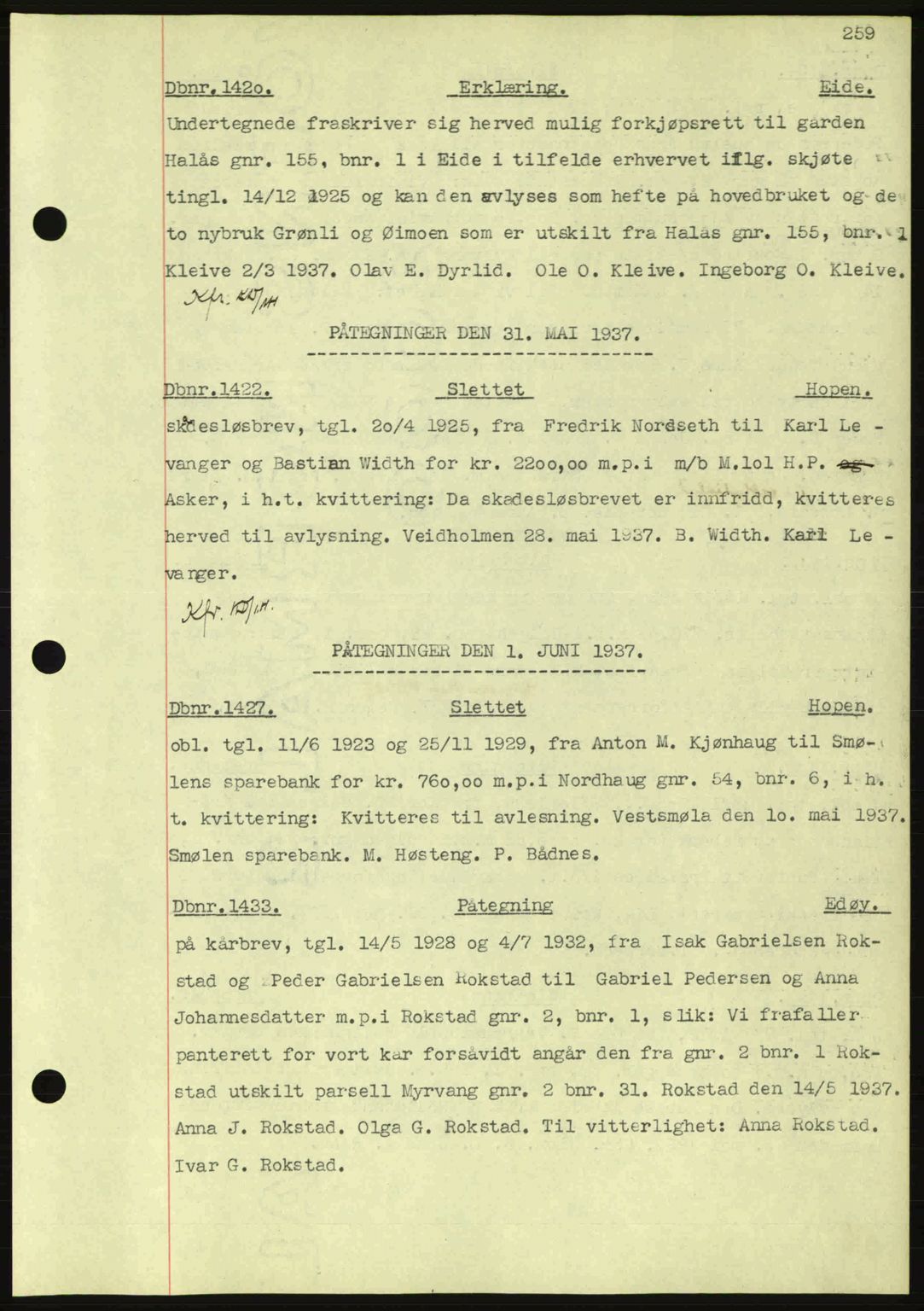 Nordmøre sorenskriveri, AV/SAT-A-4132/1/2/2Ca: Mortgage book no. C80, 1936-1939, Diary no: : 1420/1937