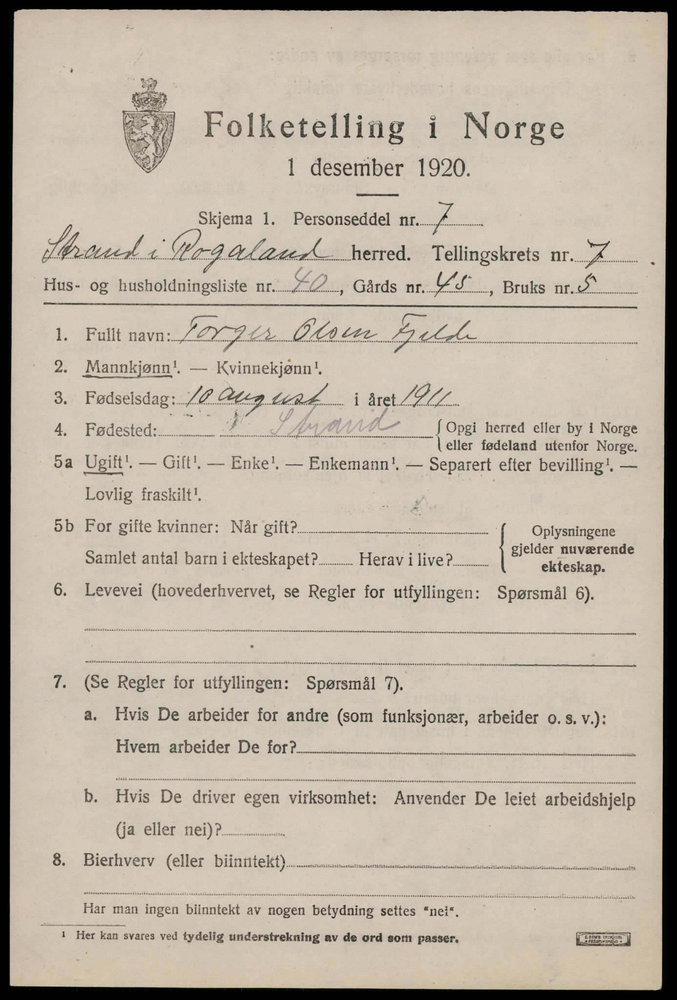 SAST, 1920 census for Strand, 1920, p. 4930