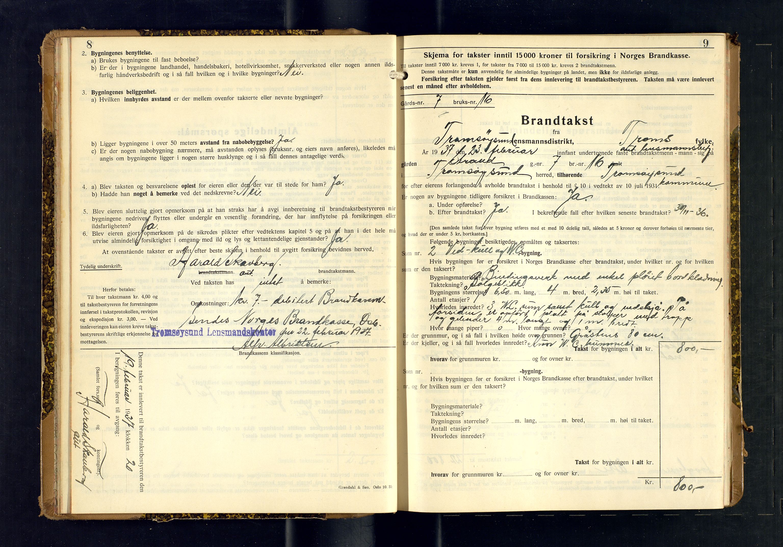 Tromsøysund lensmannskontor, AV/SATØ-SATØ-12/F/Fs/Fsb/L0755: Branntakstprotokoll (S). Med register, 1937-1938, p. 8-9