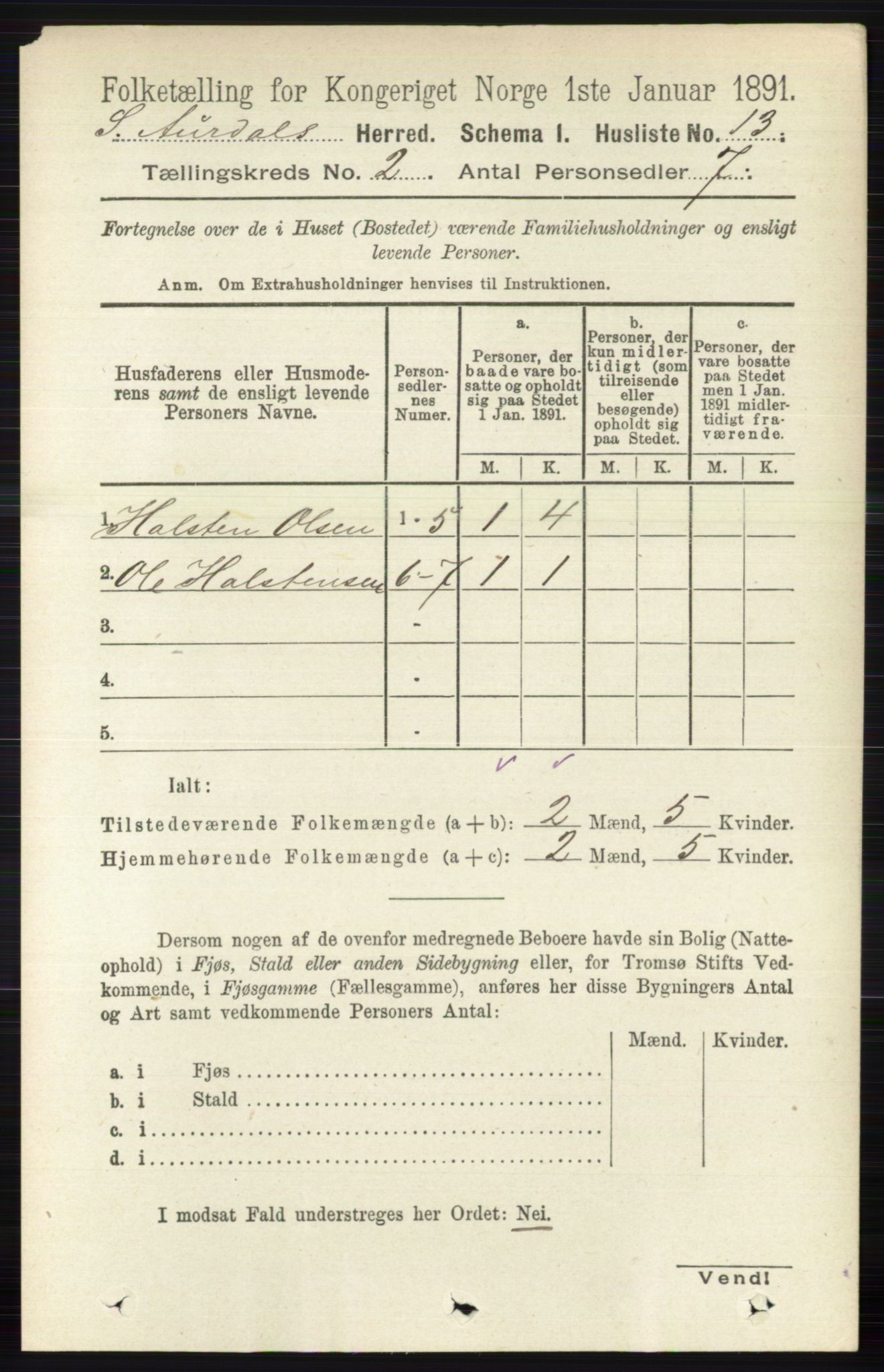 RA, 1891 census for 0540 Sør-Aurdal, 1891, p. 742