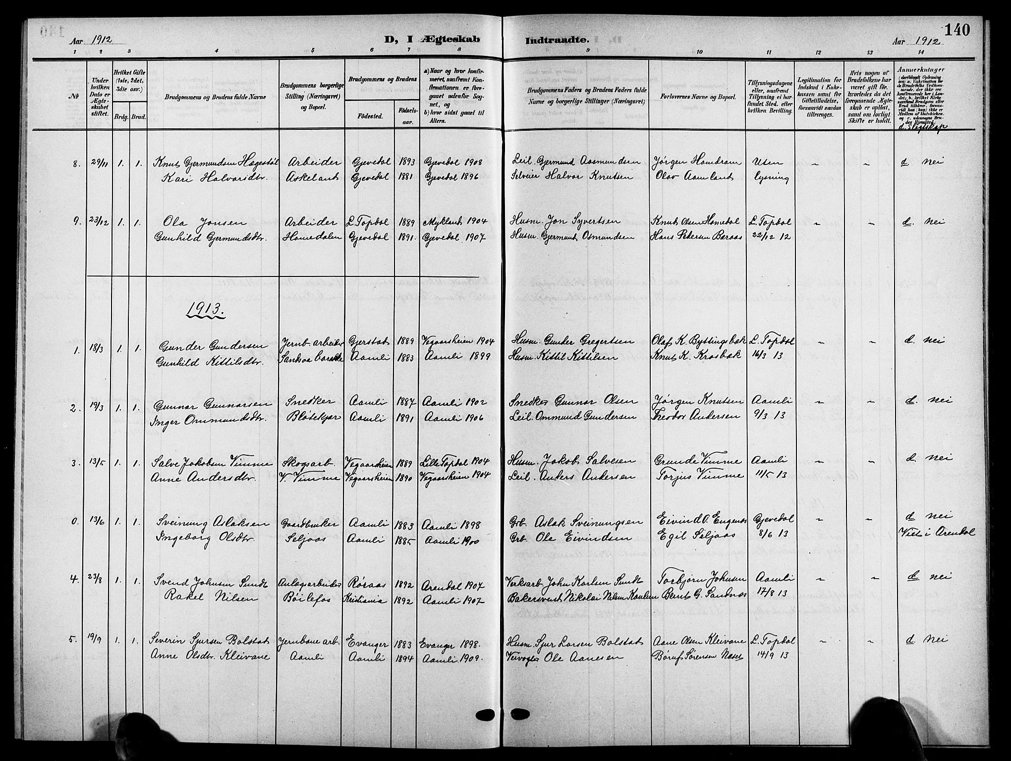 Åmli sokneprestkontor, SAK/1111-0050/F/Fb/Fbc/L0005: Parish register (copy) no. B 5, 1903-1916, p. 140