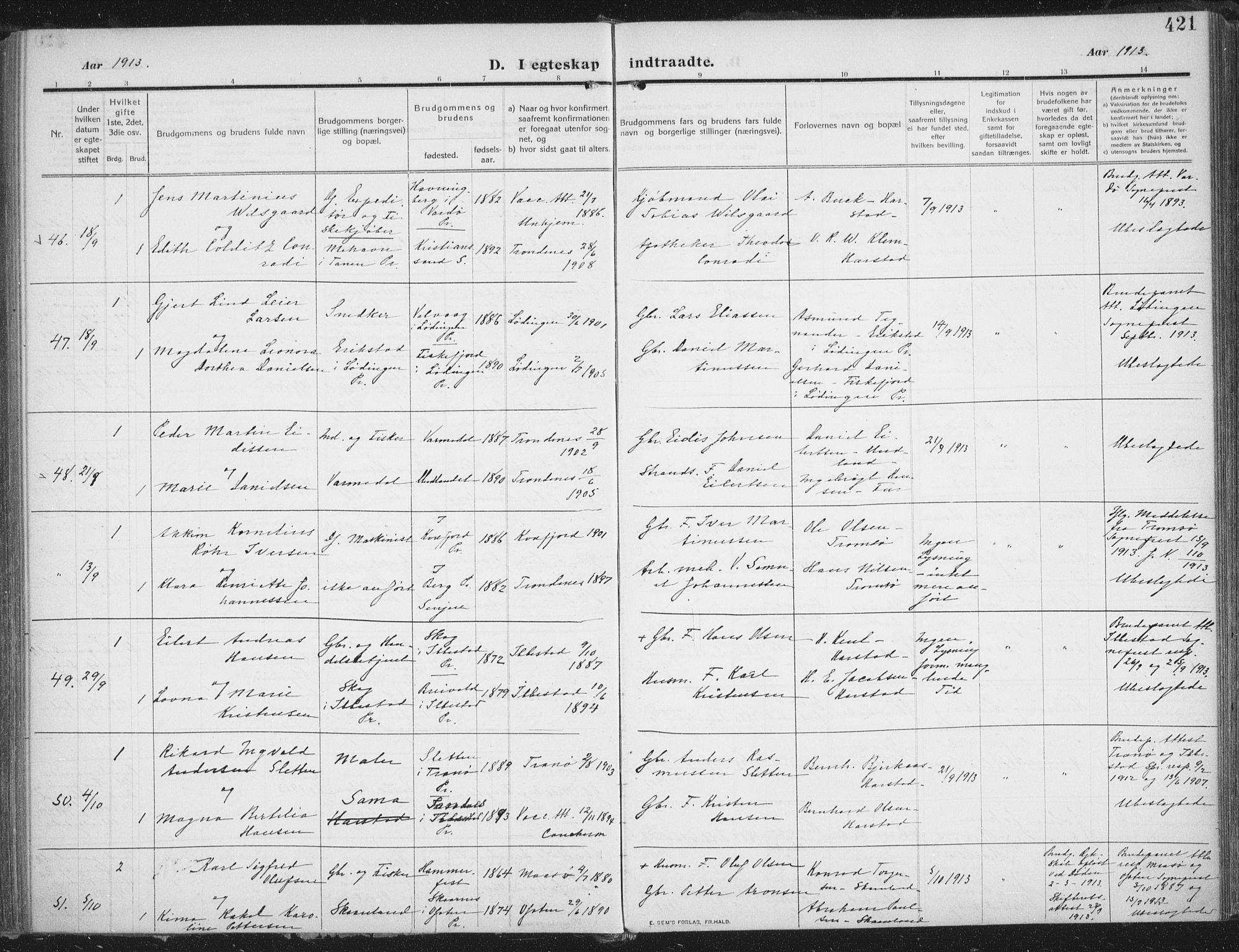 Trondenes sokneprestkontor, SATØ/S-1319/H/Ha/L0018kirke: Parish register (official) no. 18, 1909-1918, p. 421