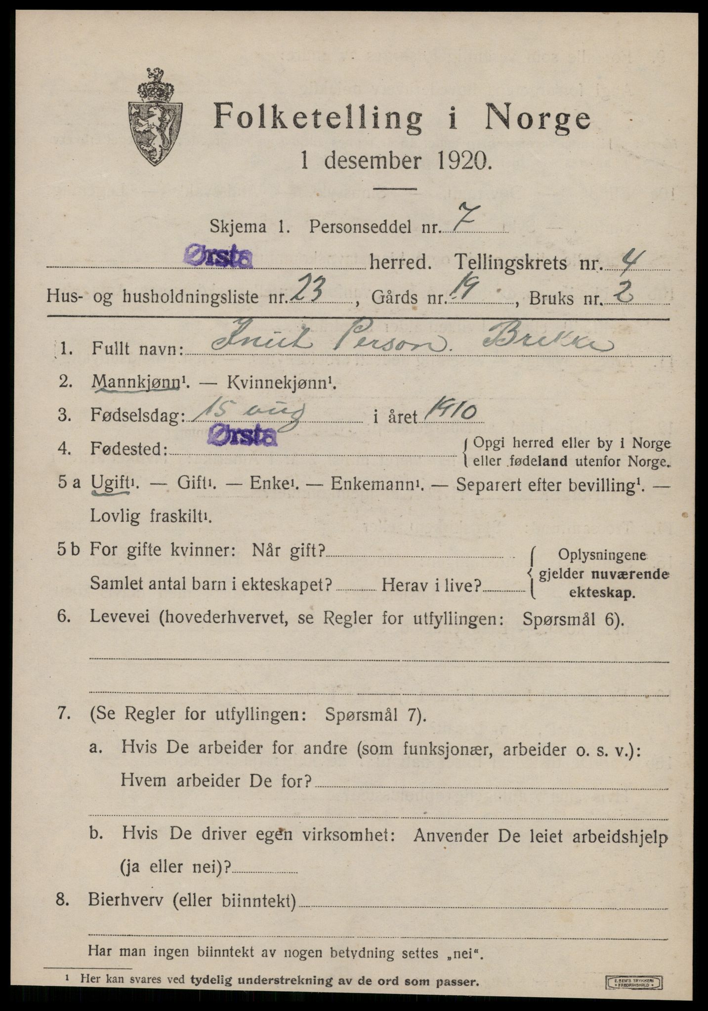 SAT, 1920 census for Ørsta, 1920, p. 4260