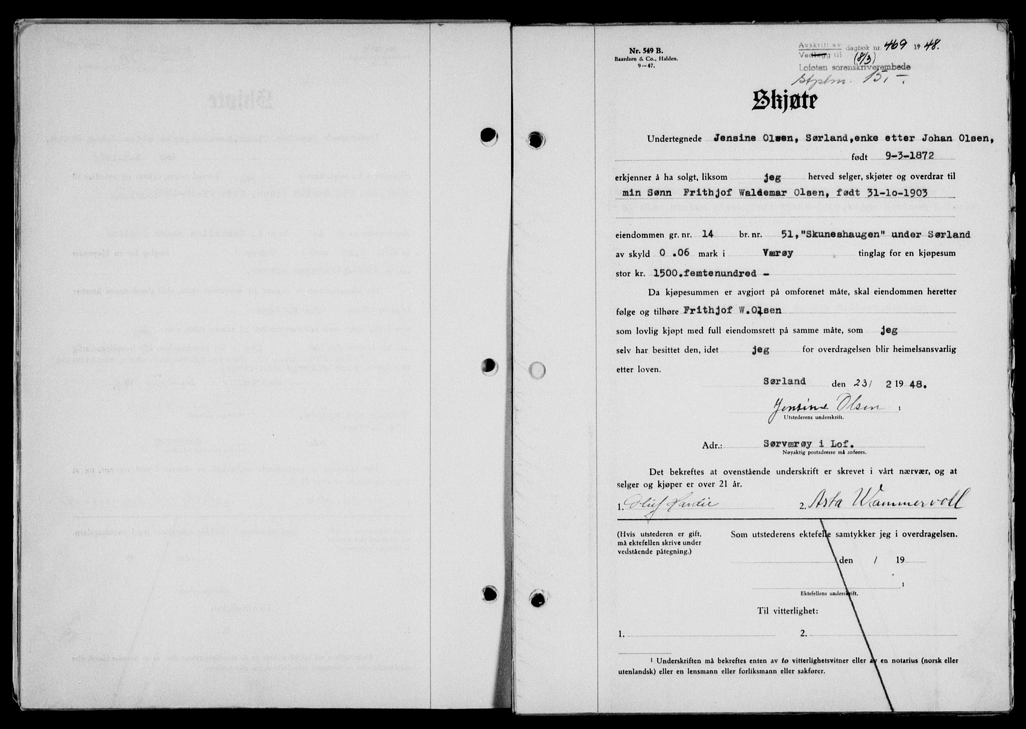 Lofoten sorenskriveri, SAT/A-0017/1/2/2C/L0018a: Mortgage book no. 18a, 1948-1948, Diary no: : 469/1948