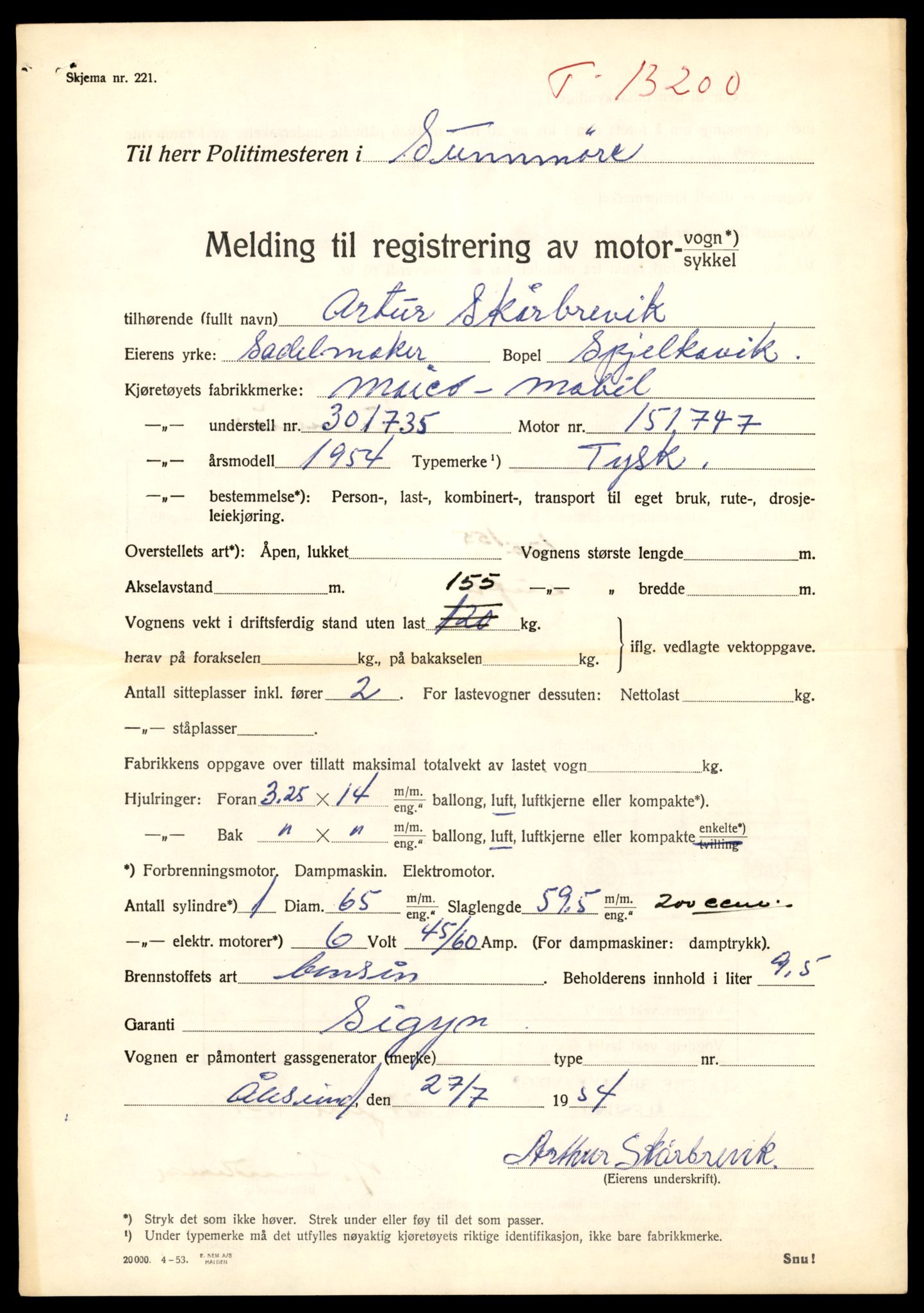 Møre og Romsdal vegkontor - Ålesund trafikkstasjon, AV/SAT-A-4099/F/Fe/L0038: Registreringskort for kjøretøy T 13180 - T 13360, 1927-1998, p. 303