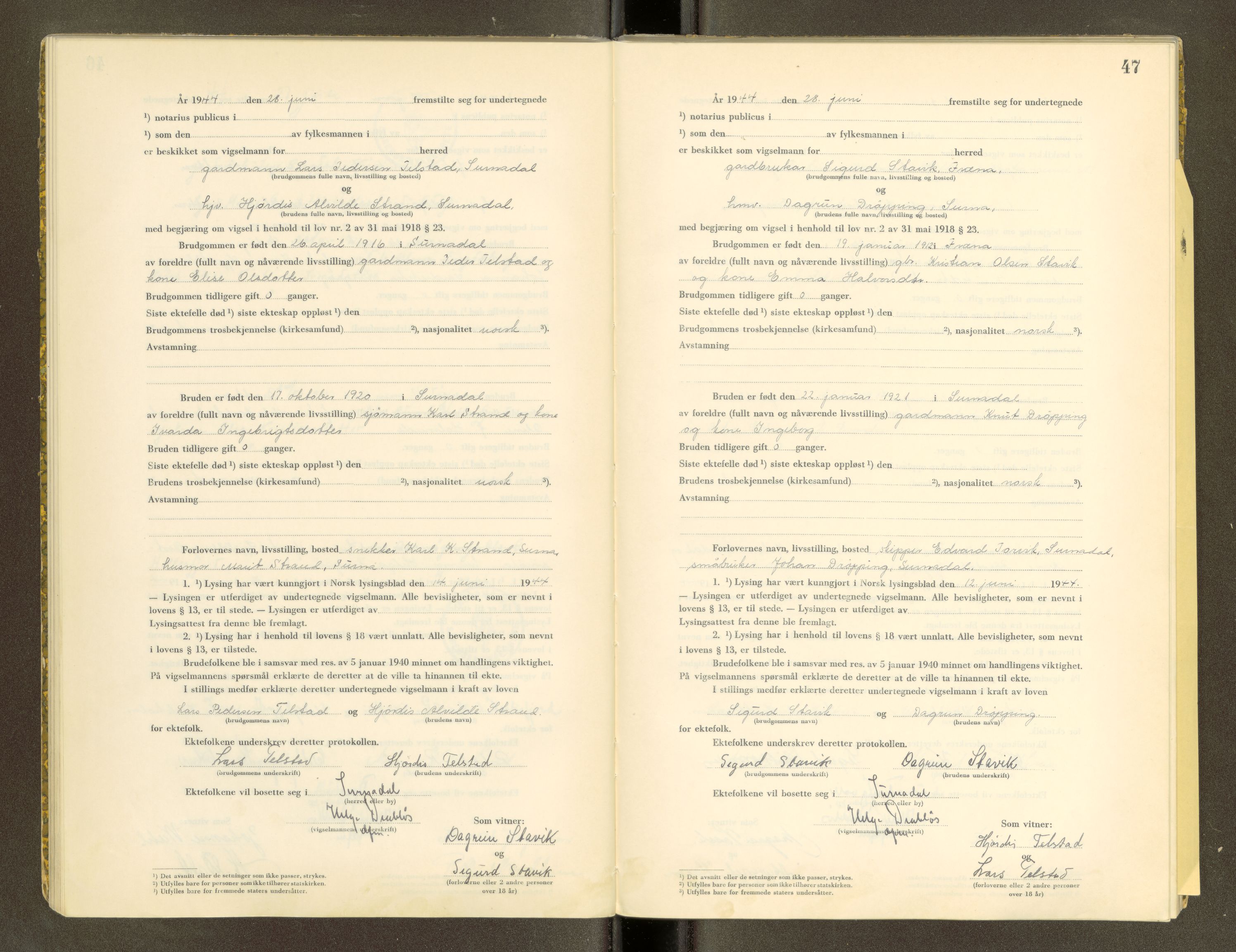 Nordmøre sorenskriveri, SAT/A-4132/1/6/6D/L0003: Vigselsbok, 1943-1944, p. 47