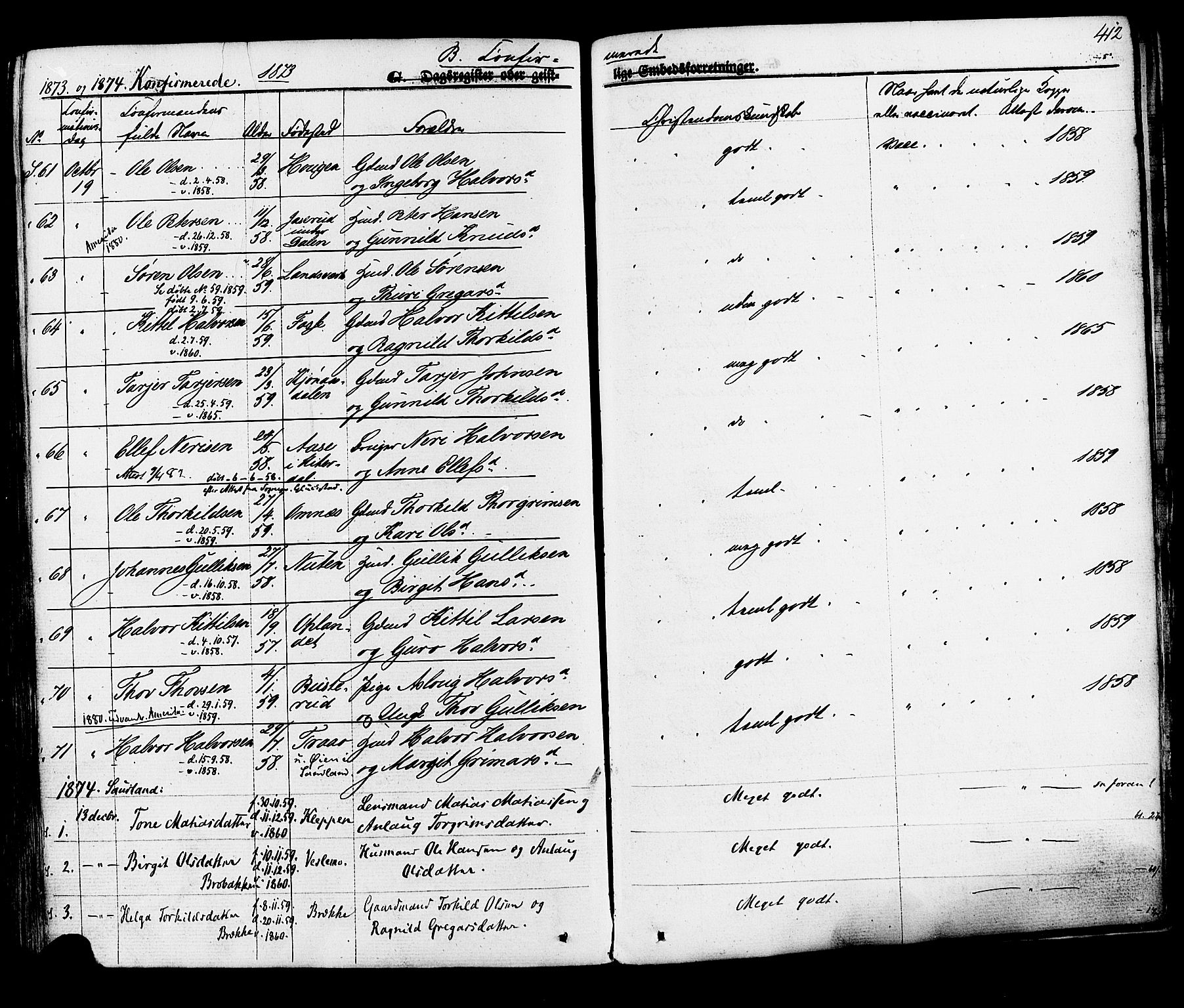 Hjartdal kirkebøker, SAKO/A-270/F/Fa/L0009: Parish register (official) no. I 9, 1860-1879, p. 412